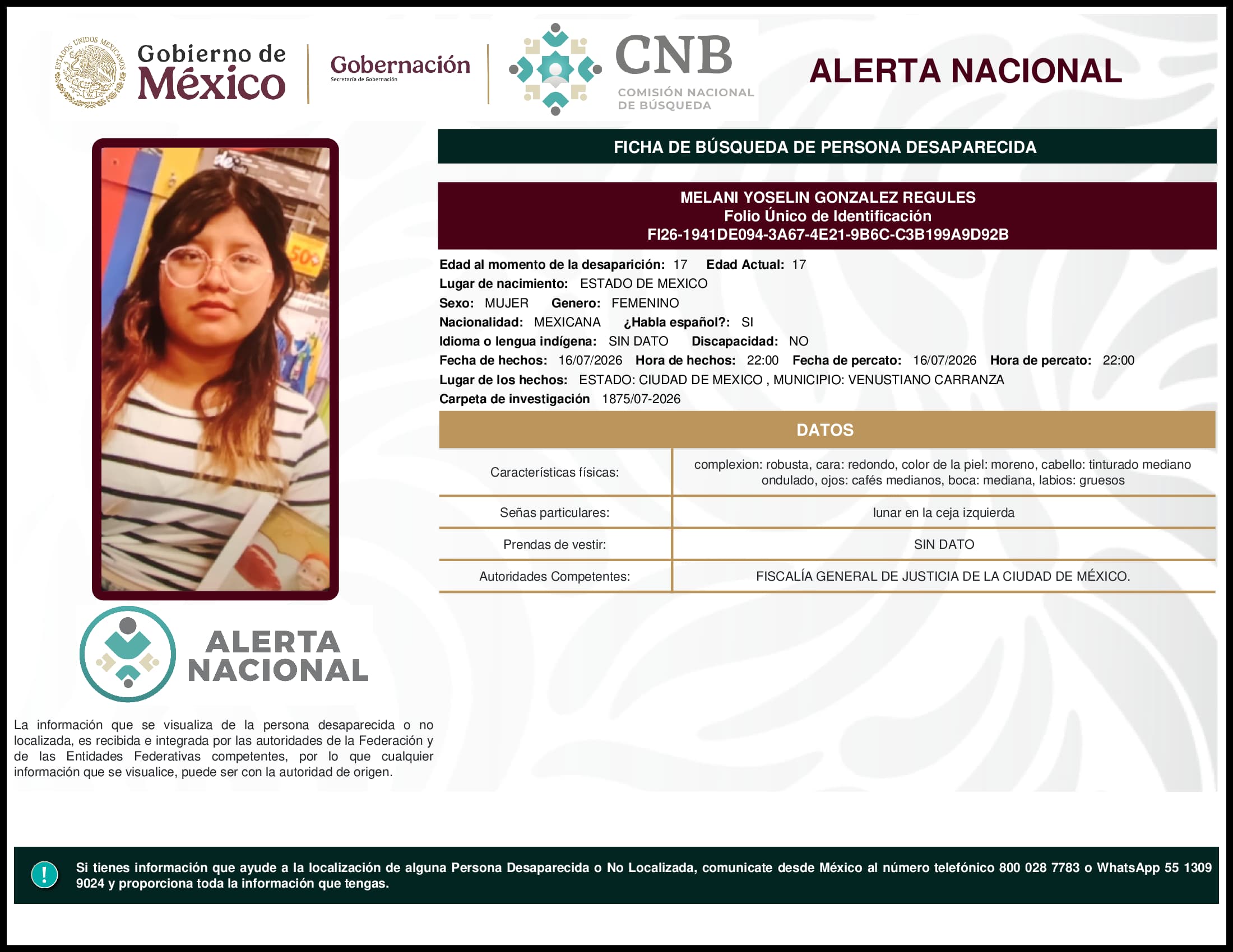 Persona desaparecida Melani Yoselin Gonzalez Regules