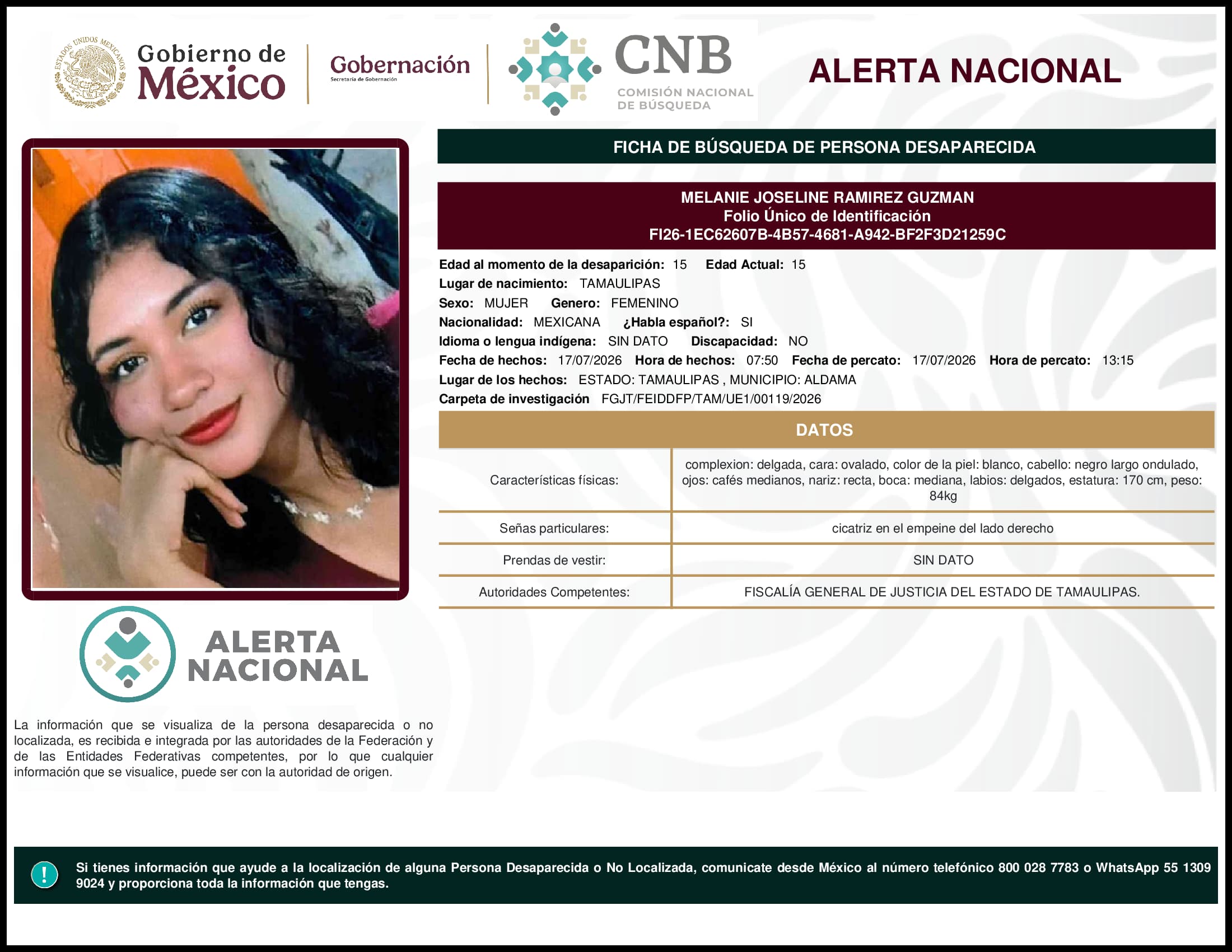 Persona desaparecida Melanie Joseline Ramirez Guzman