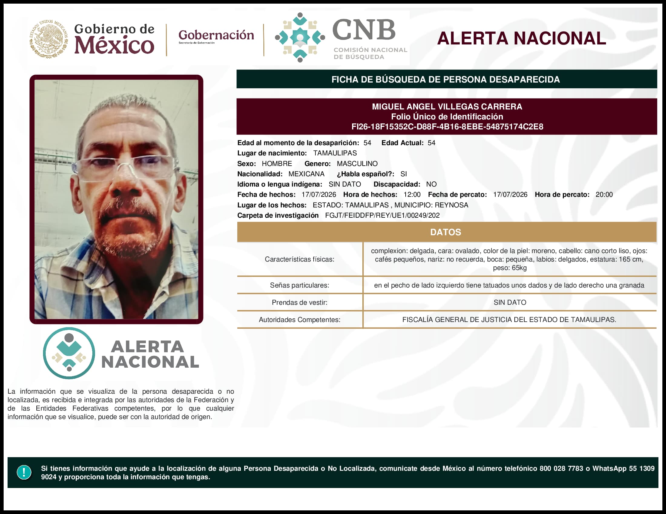 Persona desaparecida Miguel Angel Villegas Carrera