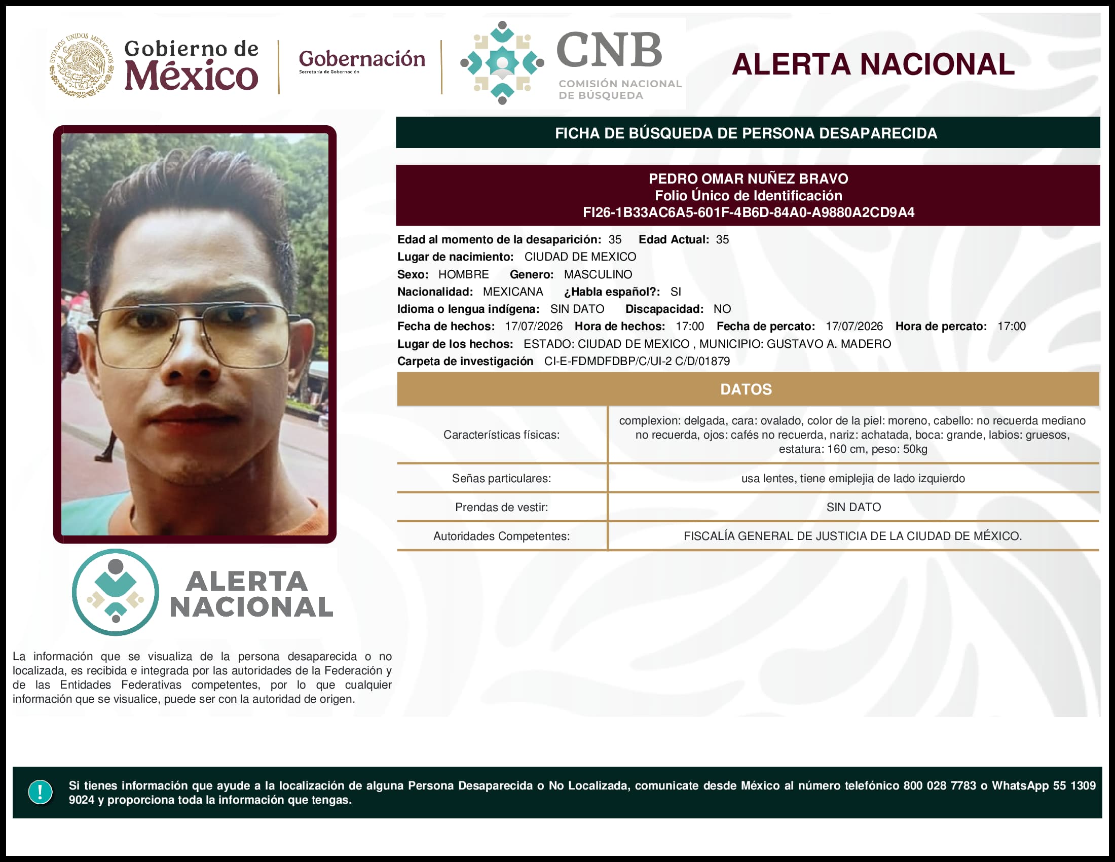 Persona desaparecida Pedro Omar Nunez Bravo