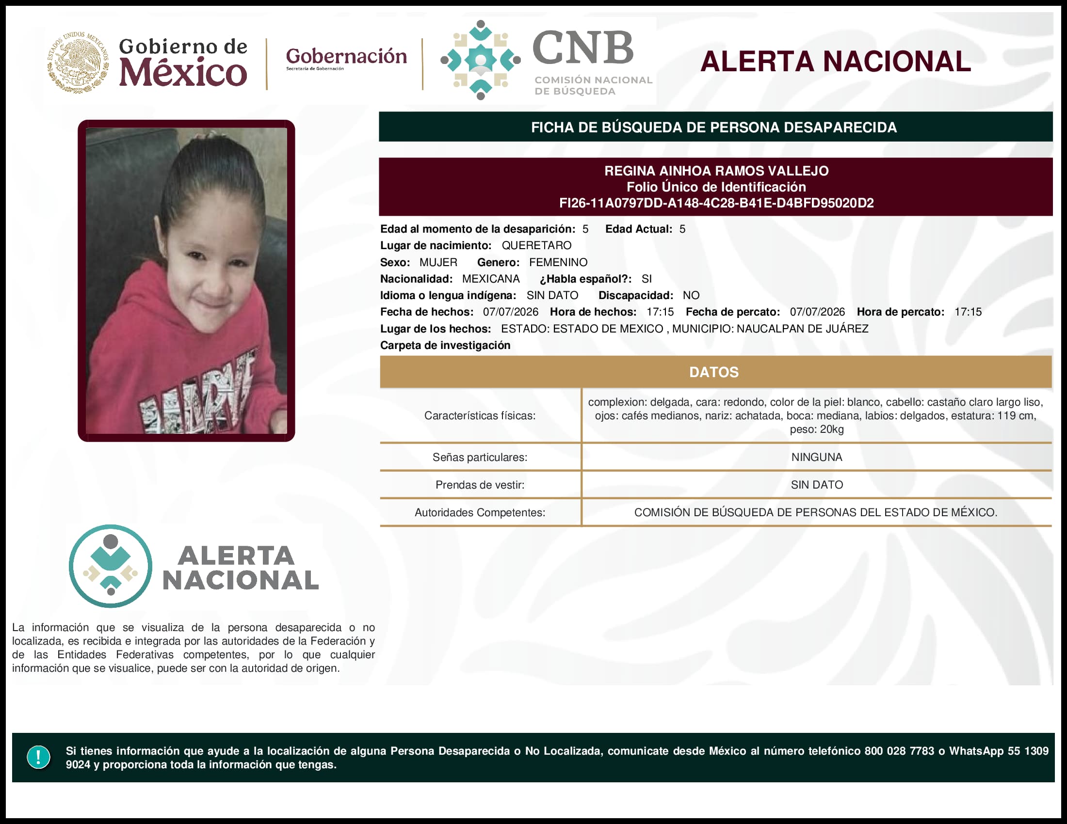 Persona desaparecida Regina Ainhoa Ramos Vallejo