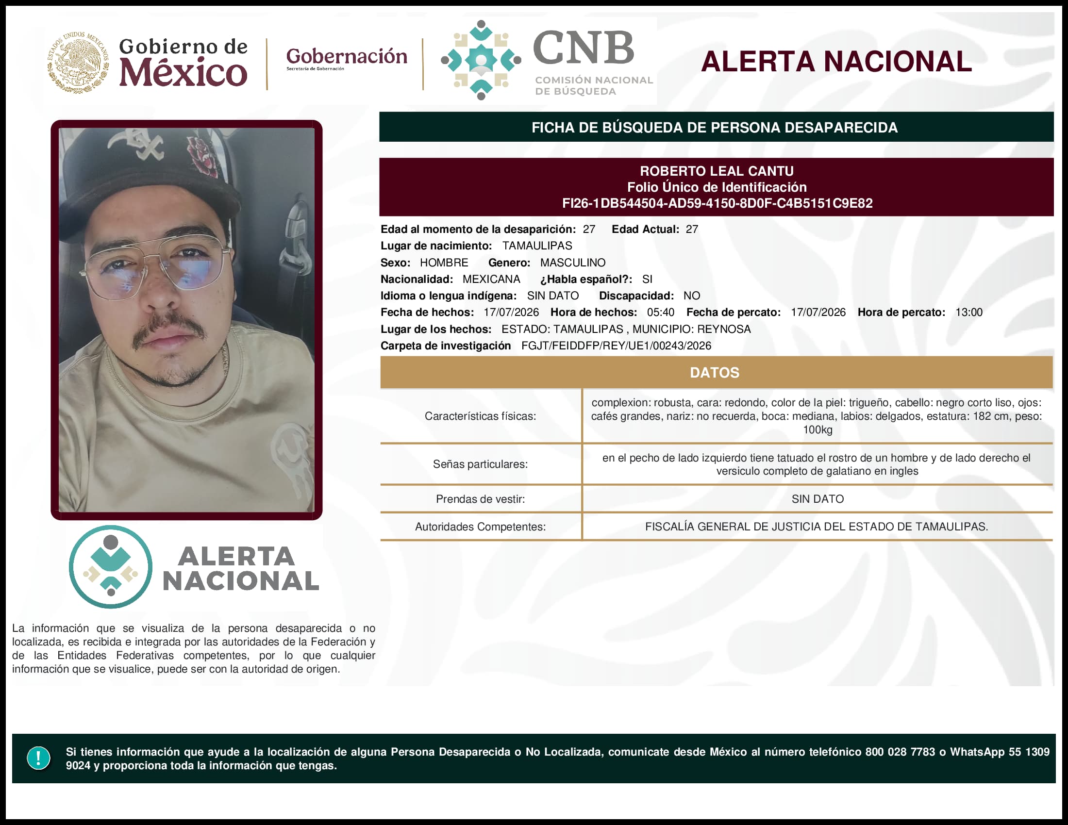 Persona desaparecida Roberto Leal Cantu