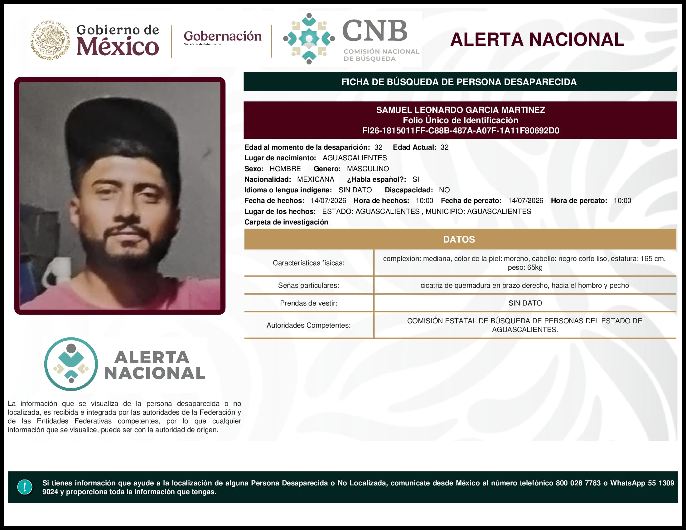 Persona desaparecida Samuel Leonardo Garcia Martinez
