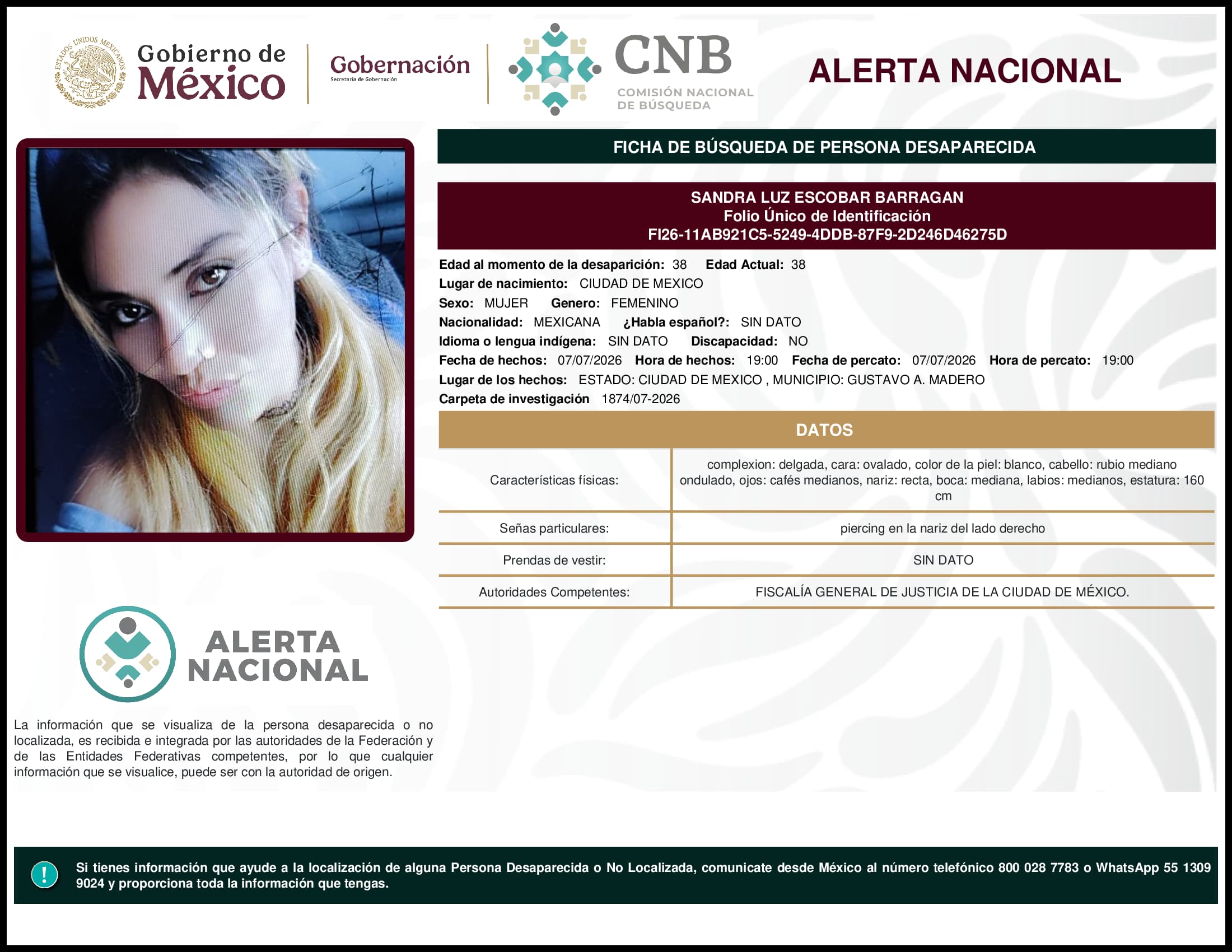 Persona desaparecida Sandra Luz Escobar Barragan