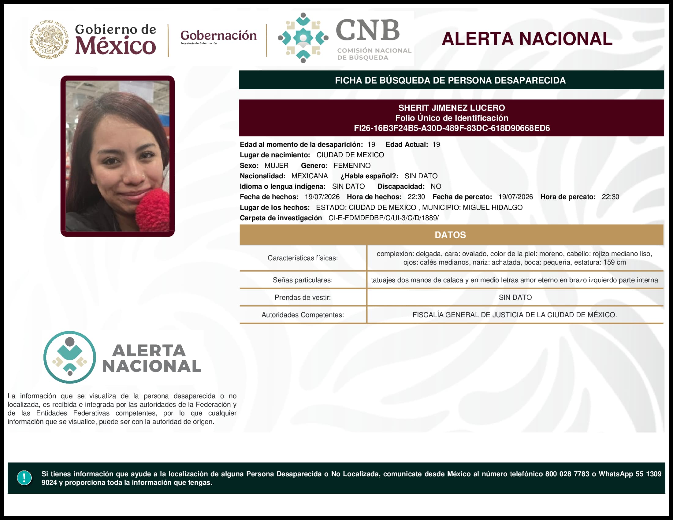 Persona desaparecida Sherit Jimenez Lucero