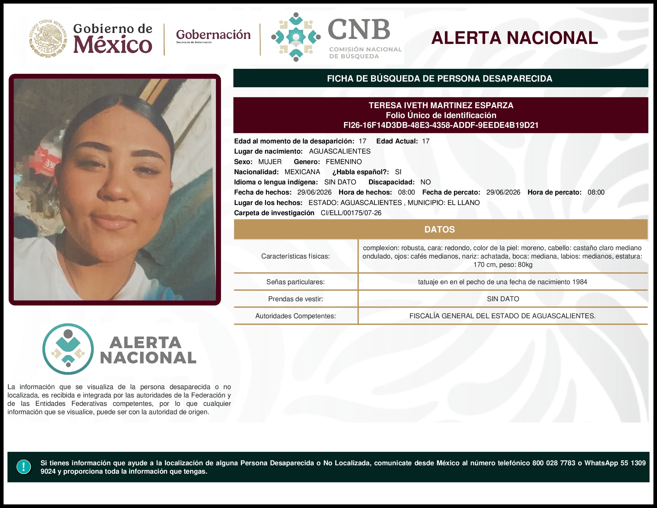 Persona desaparecida Teresa Iveth Martinez Esparza