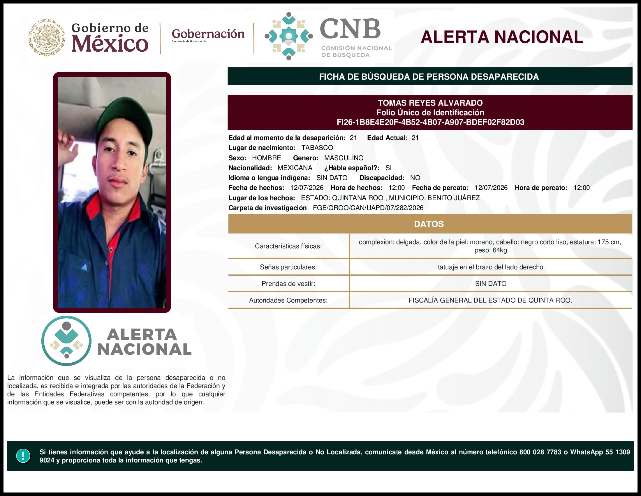Persona desaparecida Tomas Reyes Alvarado