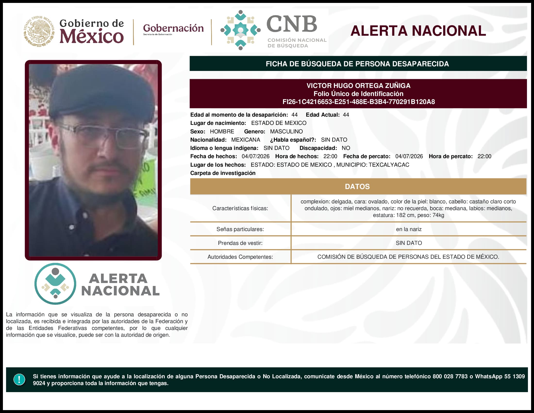 Persona desaparecida Victor Hugo Ortega Zuniga