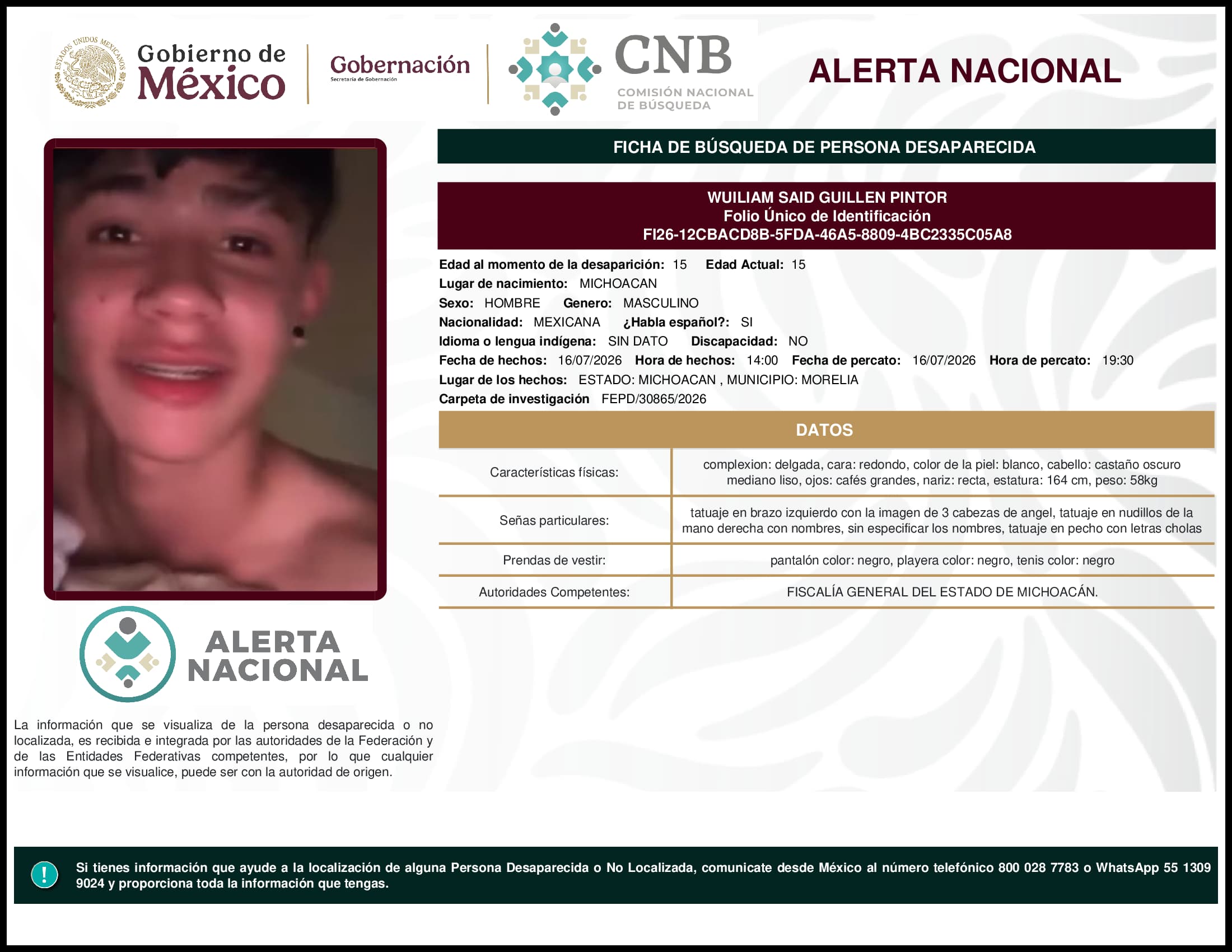Persona desaparecida Wuiliam Said Guillen Pintor