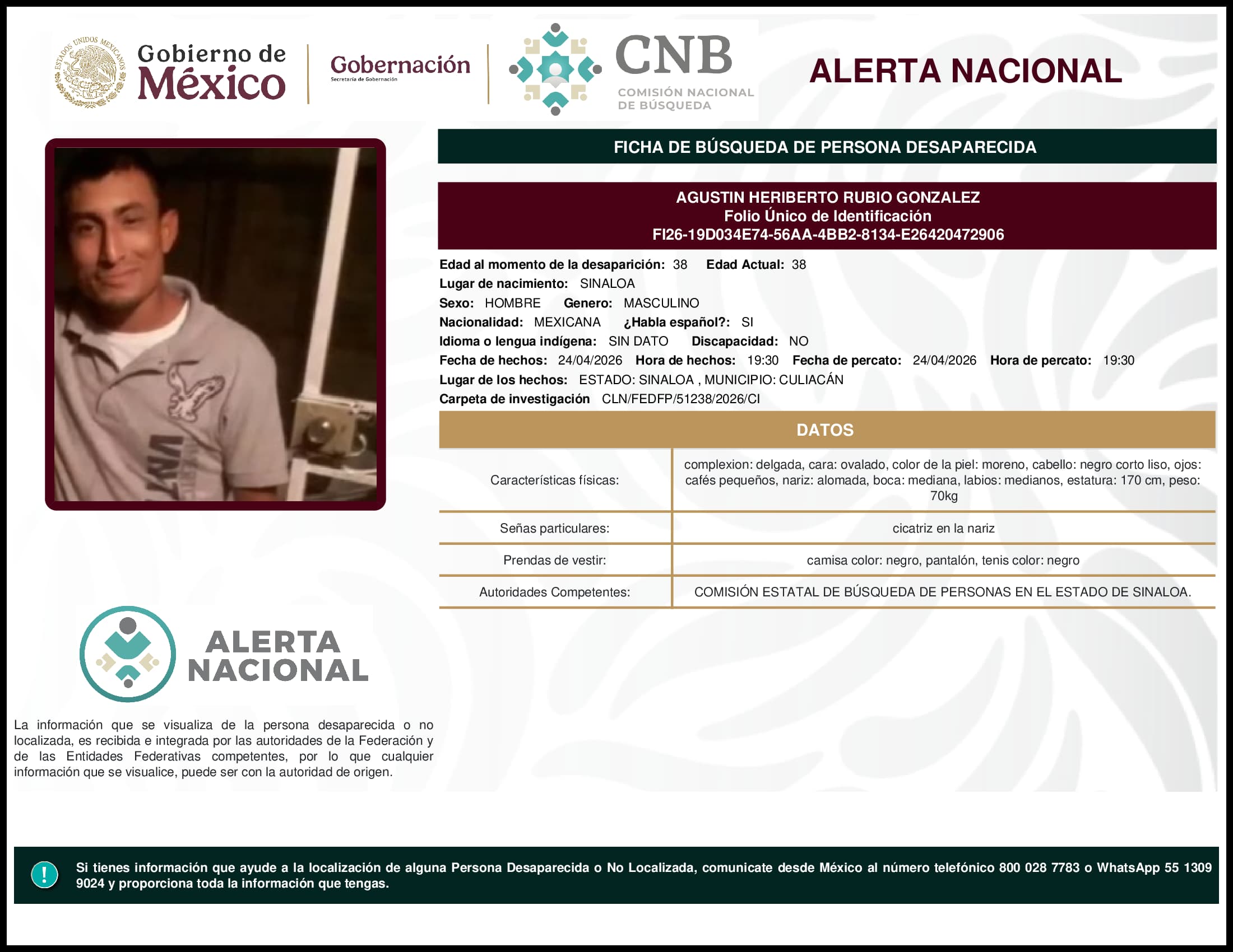 Persona desaparecida Agustin Heriberto Rubio Gonzalez