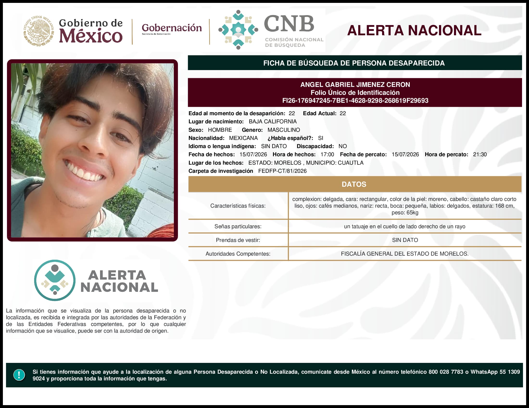 Persona desaparecida Angel Gabriel Jimenez Ceron