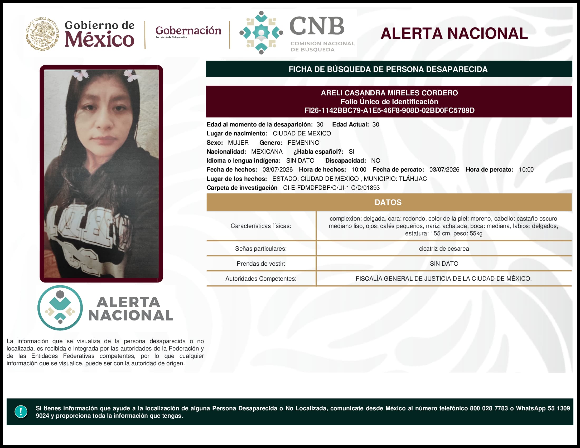 Persona desaparecida Areli Casandra Mireles Cordero