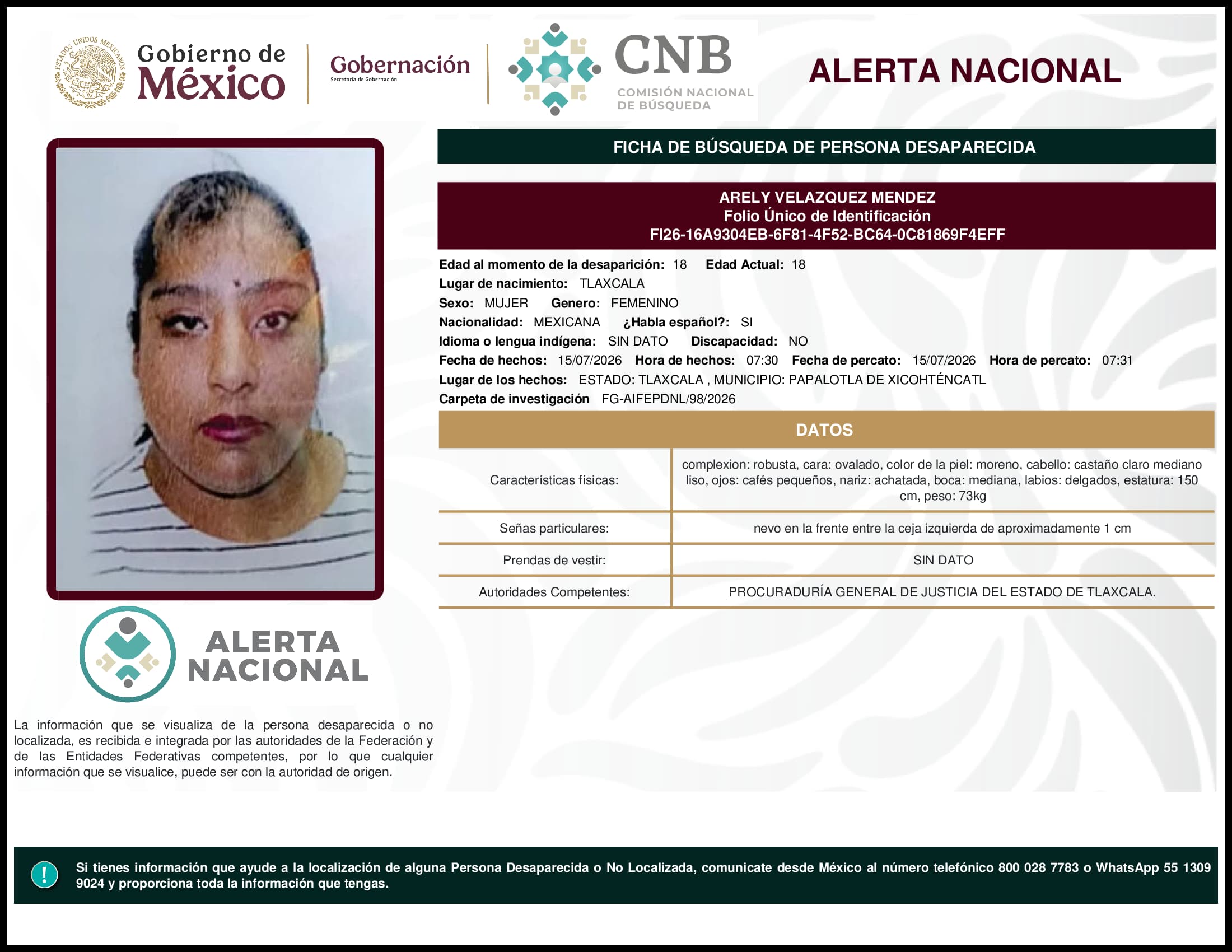Persona desaparecida Arely Velazquez Mendez