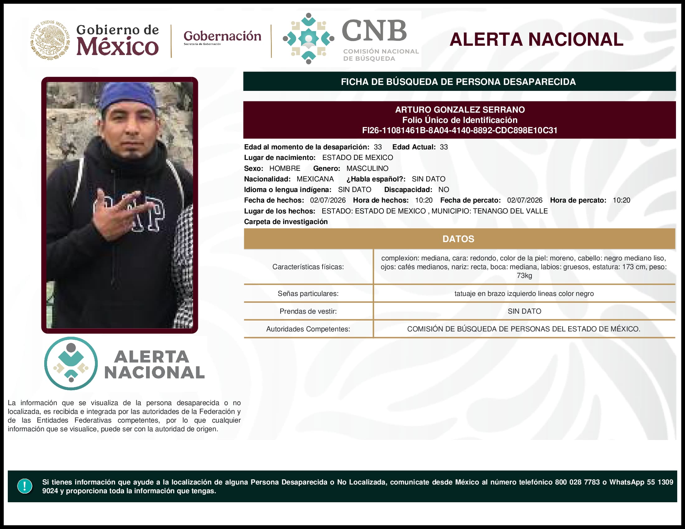 Persona desaparecida Arturo Gonzalez Serrano
