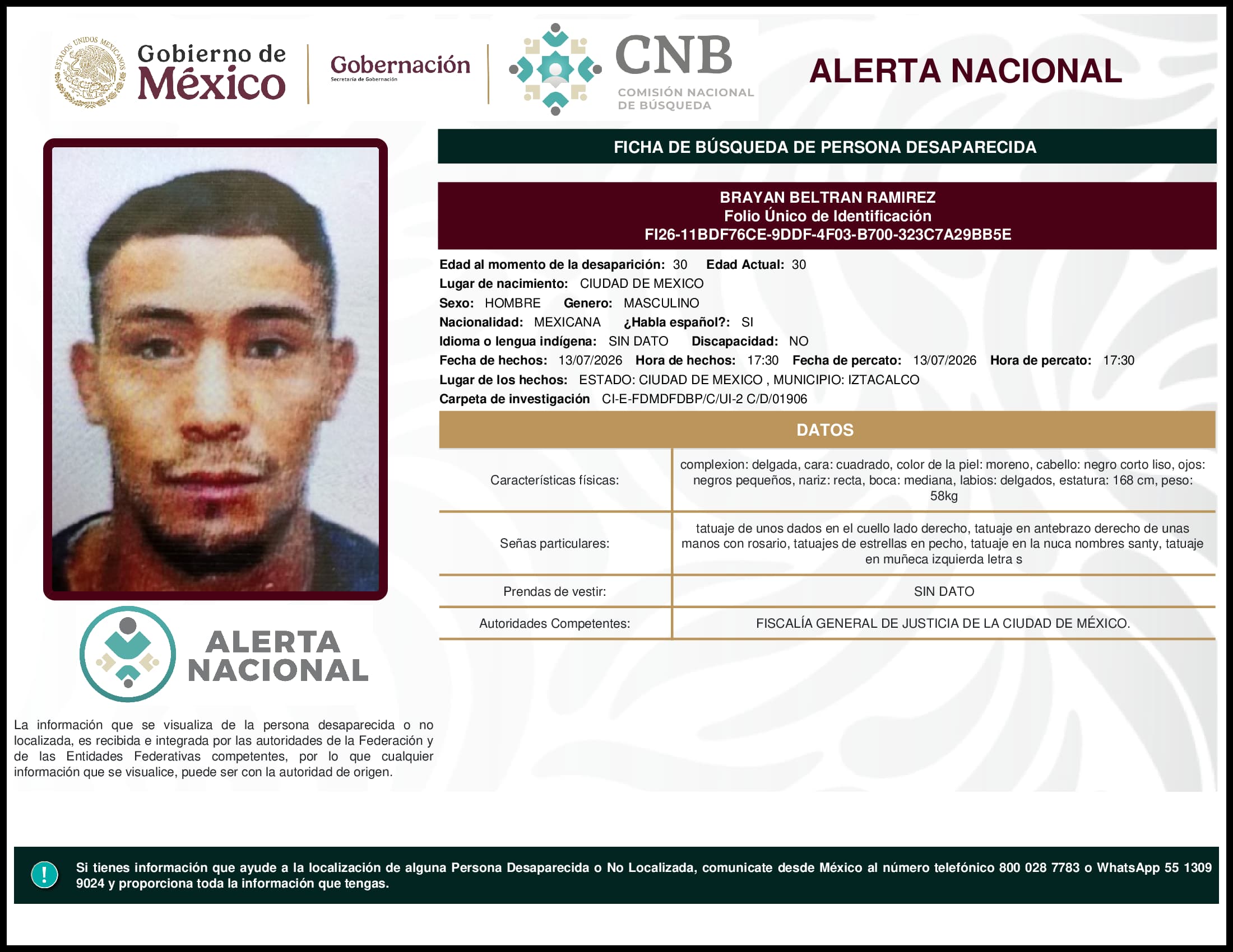 Persona desaparecida Brayan Beltran Ramirez