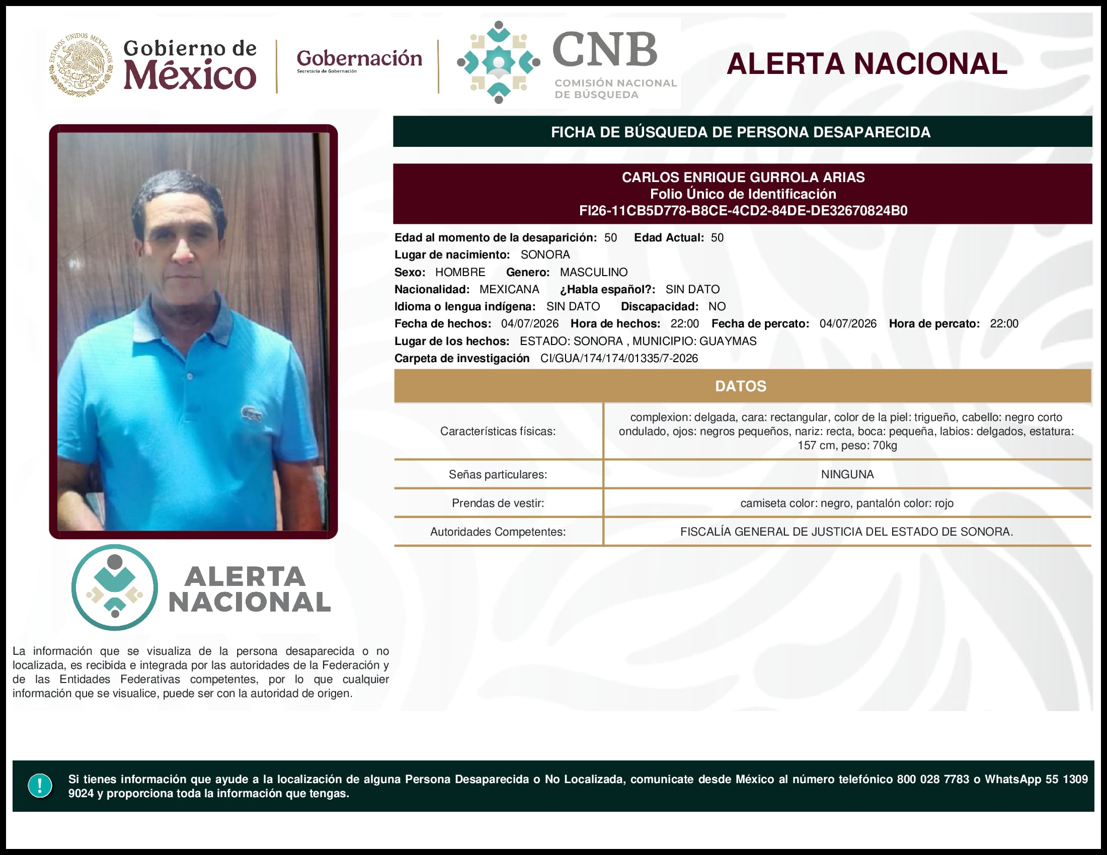 Persona desaparecida Carlos Enrique Gurrola Arias