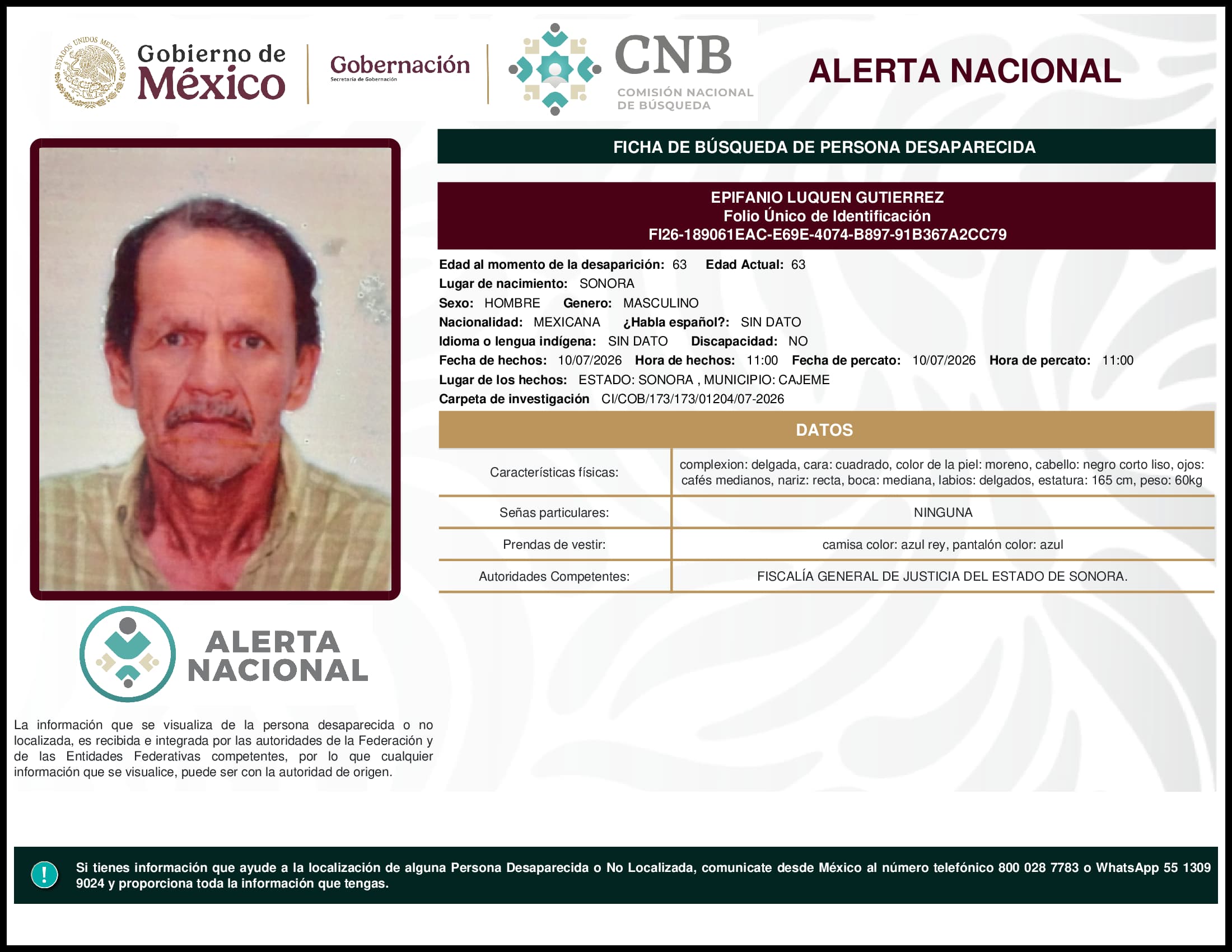 Persona desaparecida Epifanio Luquen Gutierrez