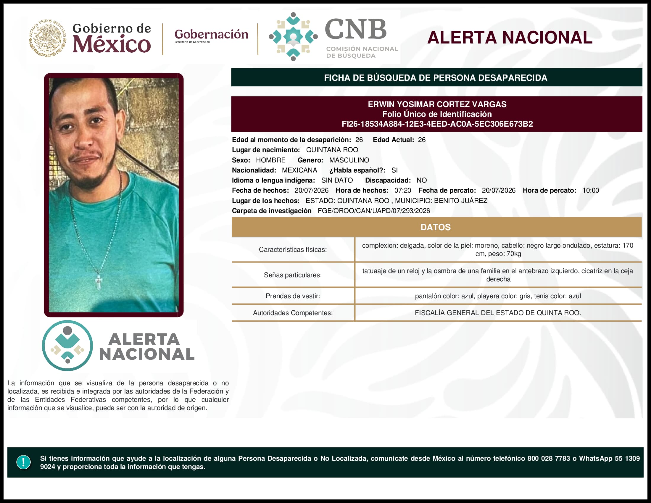 Persona desaparecida Erwin Yosimar Cortez Vargas