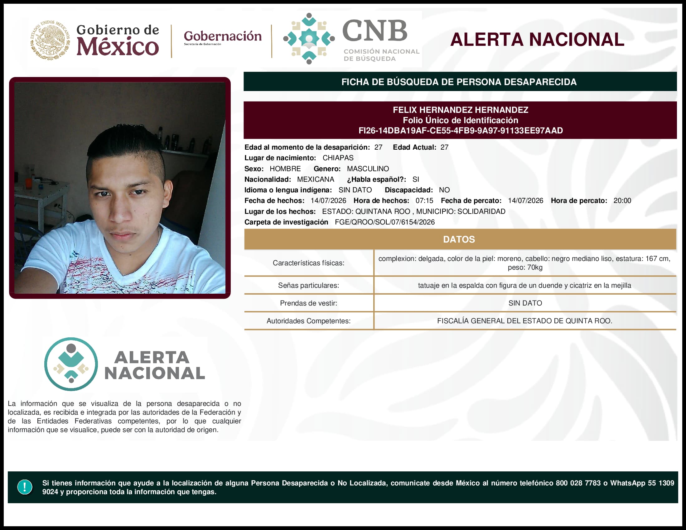Persona desaparecida Felix Hernandez Hernandez