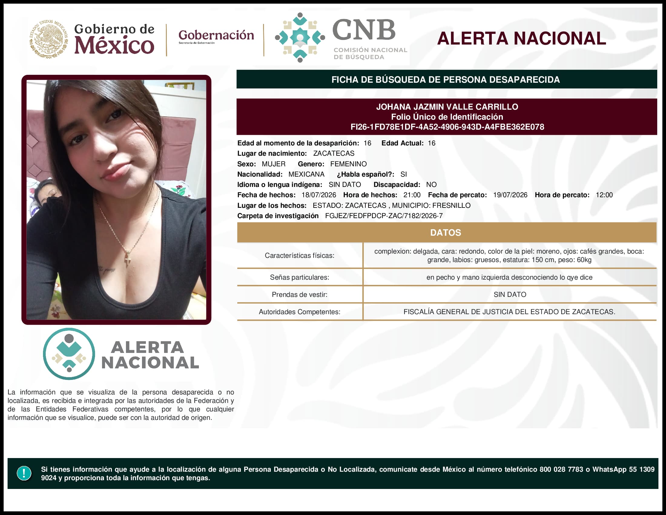Persona desaparecida Johana Jazmin Valle Carrillo