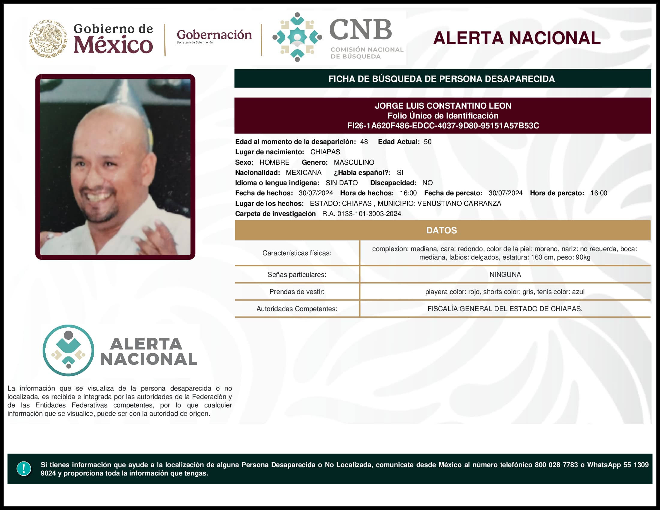 Persona desaparecida Jorge Luis Constantino Leon