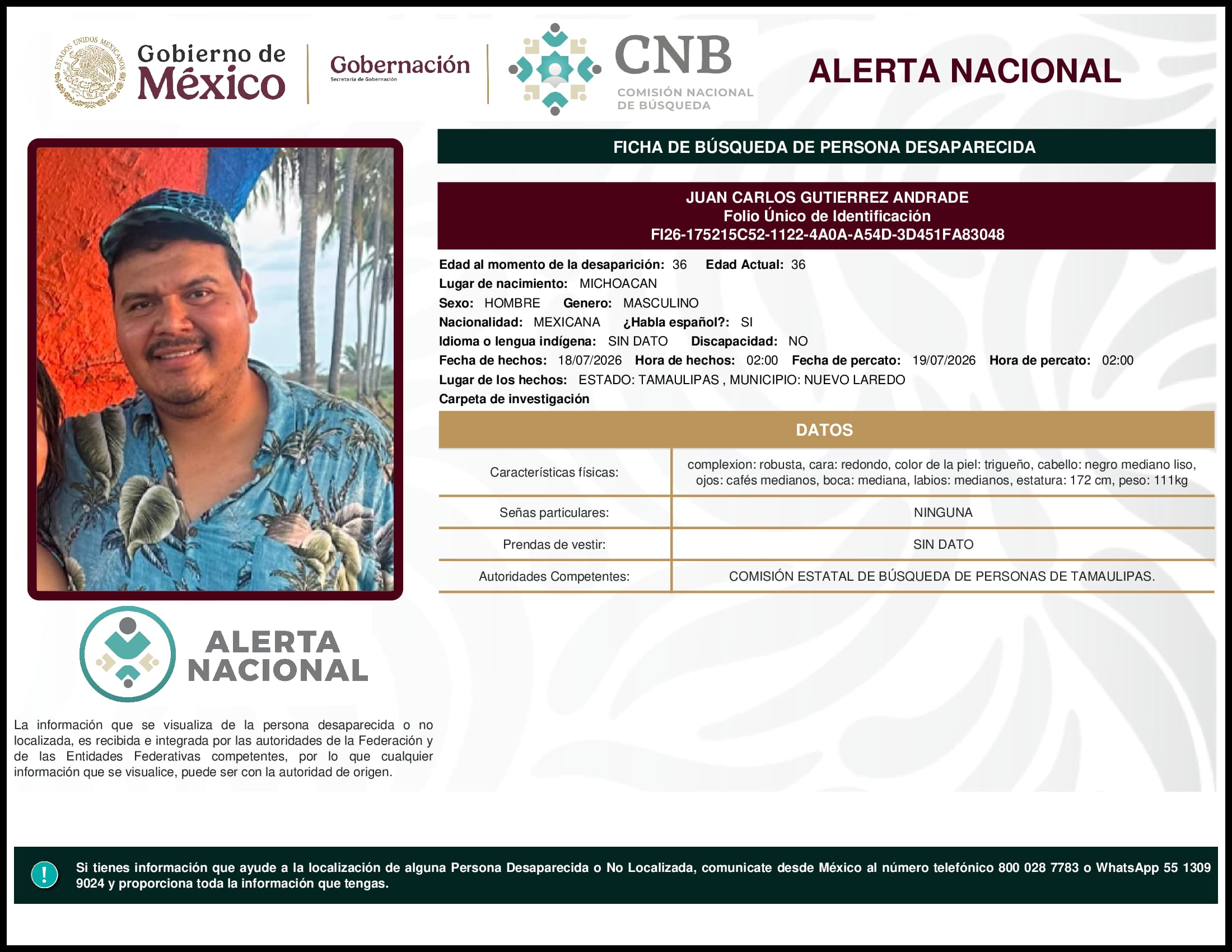 Persona desaparecida Juan Carlos Gutierrez Andrade