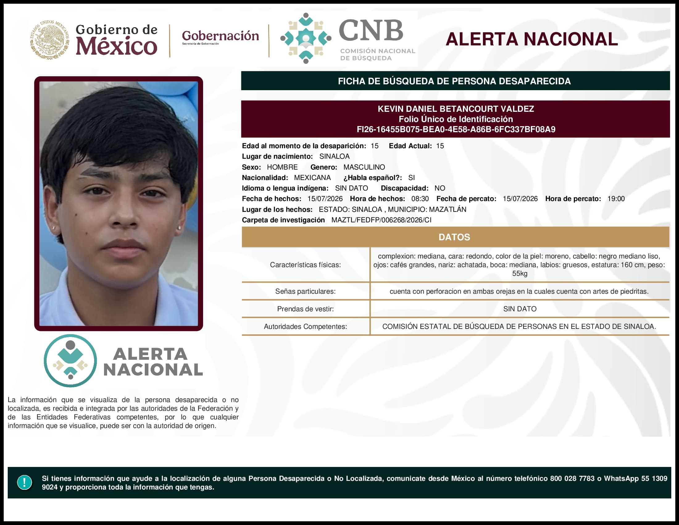 Persona desaparecida Kevin Daniel Betancourt Valdez