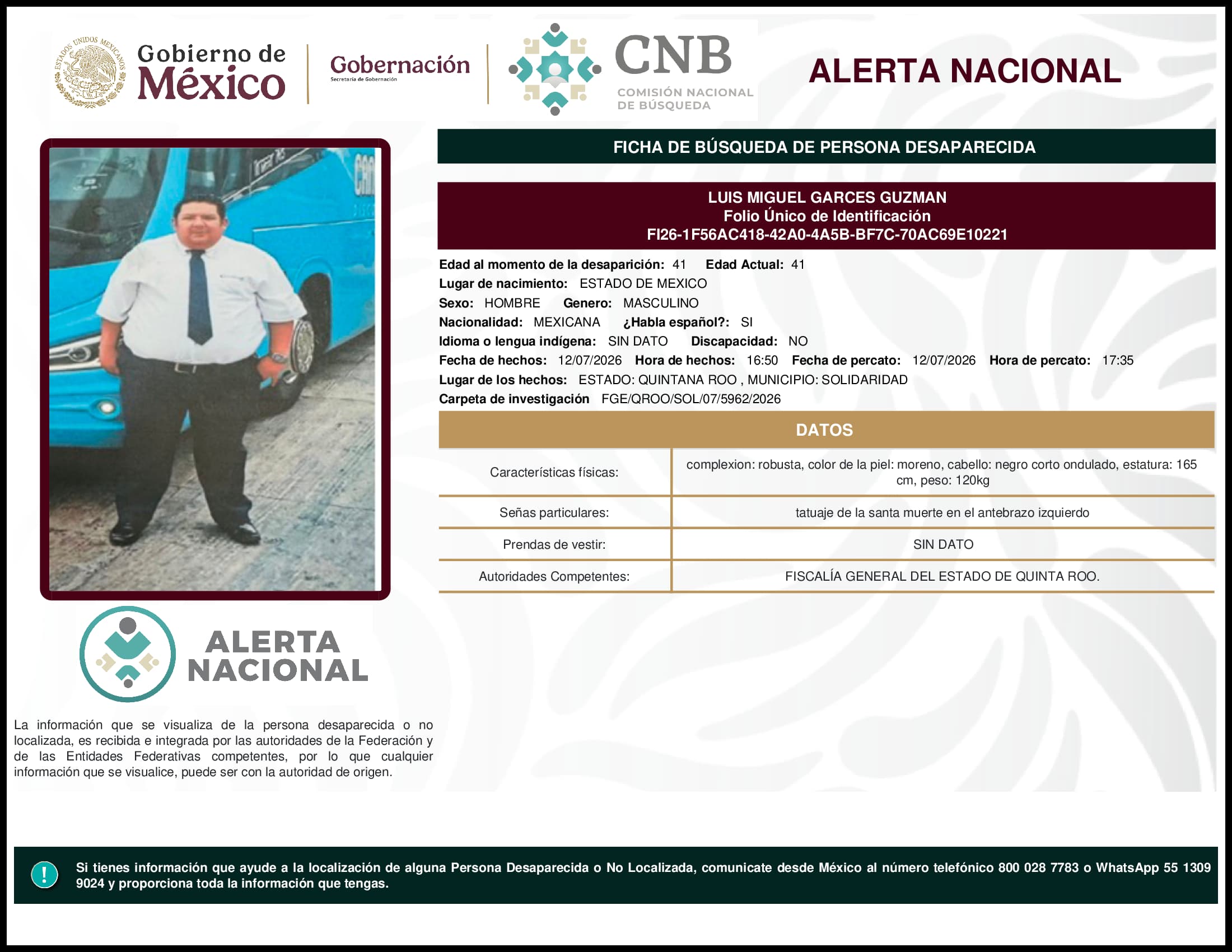 Persona desaparecida Luis Miguel Garces Guzman