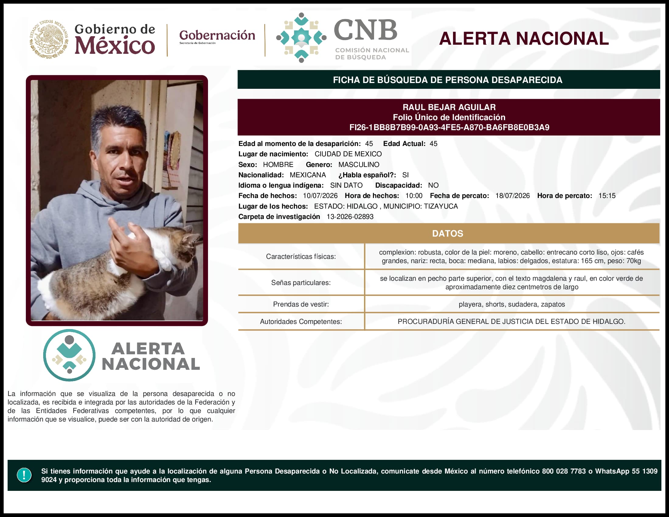 Persona desaparecida Raul Bejar Aguilar