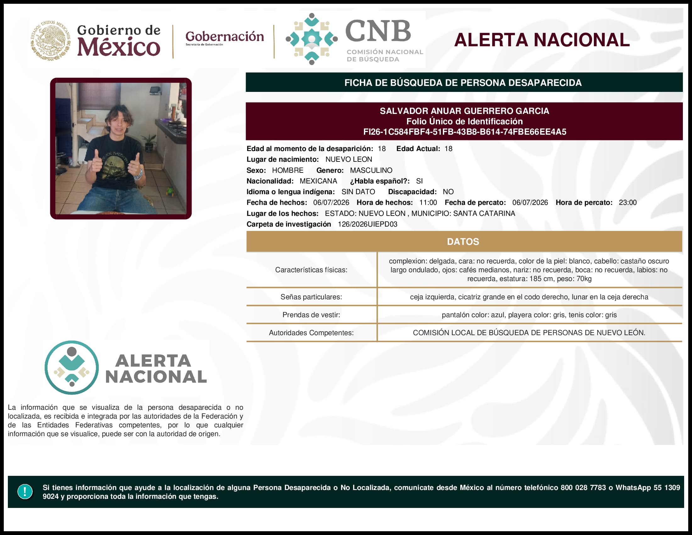 Persona desaparecida Salvador Anuar Guerrero Garcia