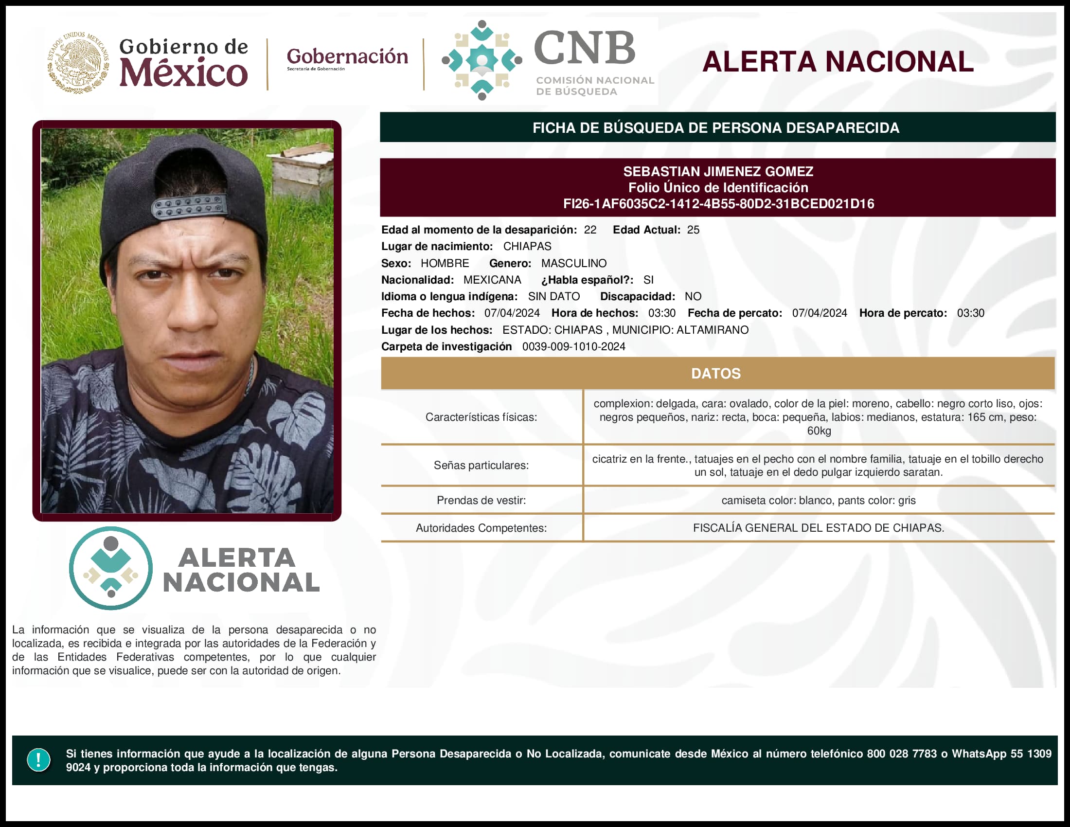 Persona desaparecida Sebastian Jimenez Gomez