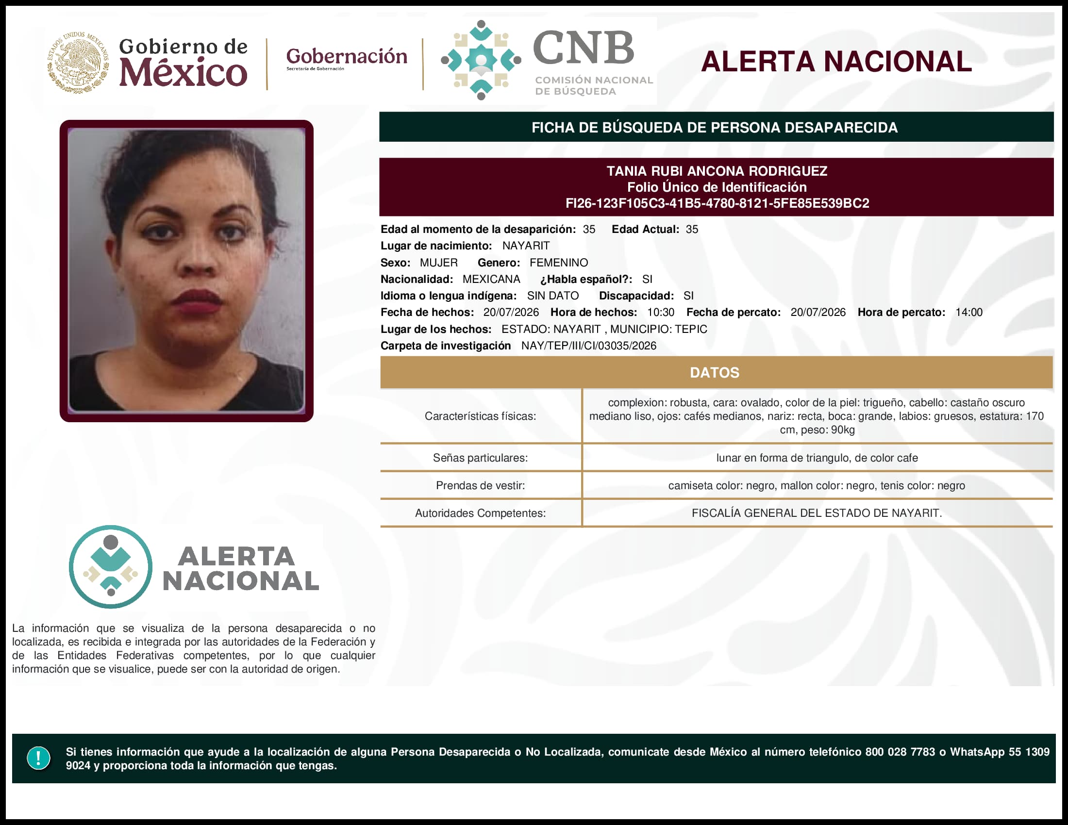 Persona desaparecida Tania Rubi Ancona Rodriguez