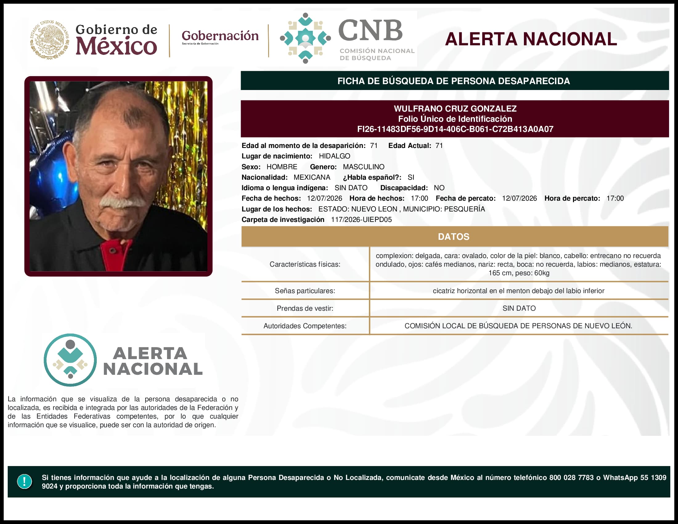 Persona desaparecida Wulfrano Cruz Gonzalez