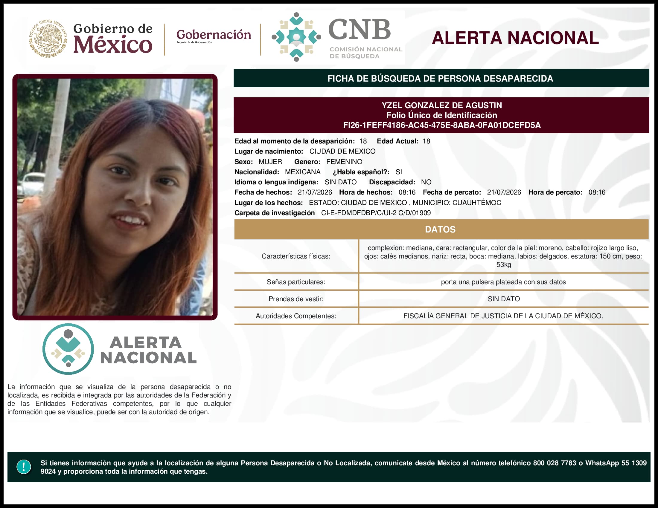 Persona desaparecida Yzel Gonzalez De Agustin