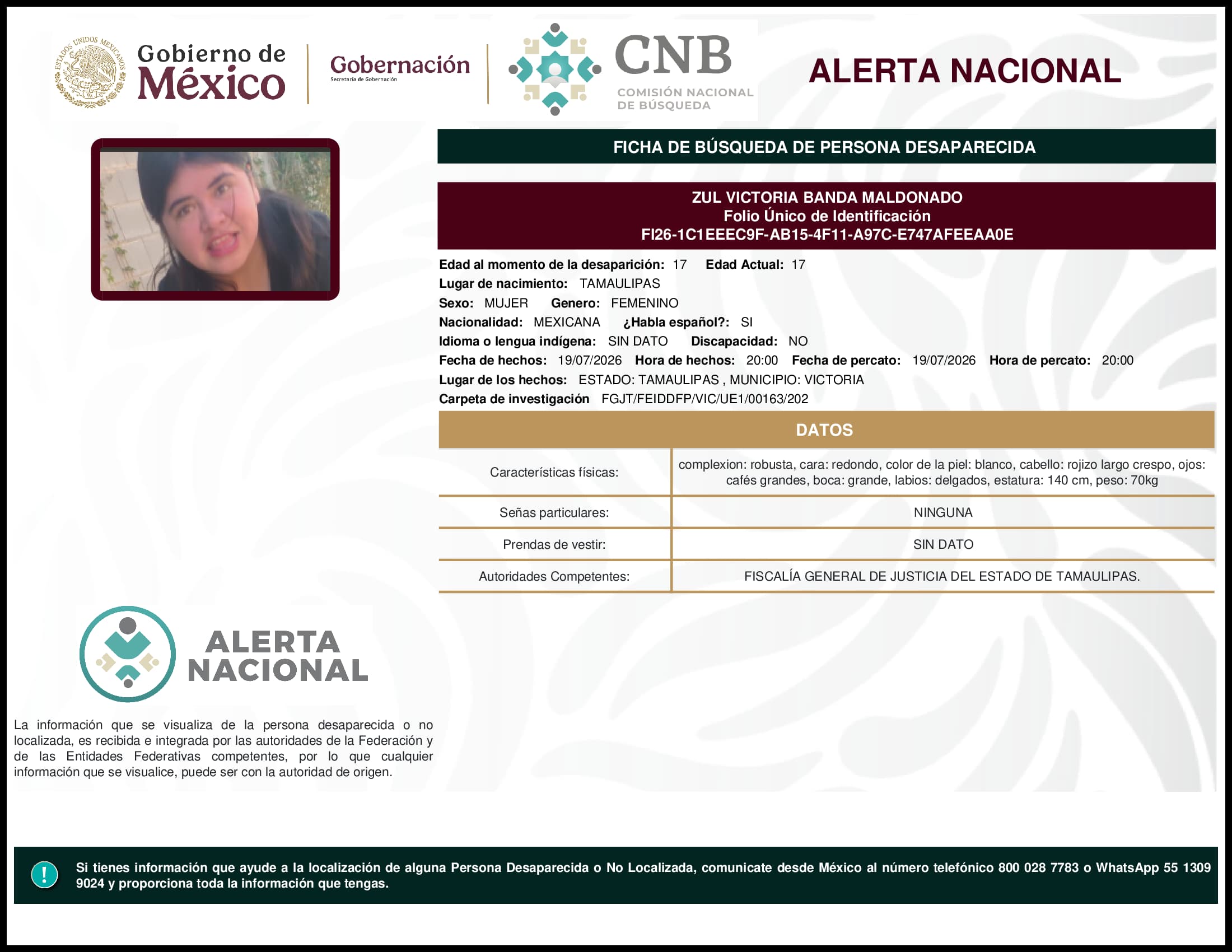 Persona desaparecida Zul Victoria Banda Maldonado