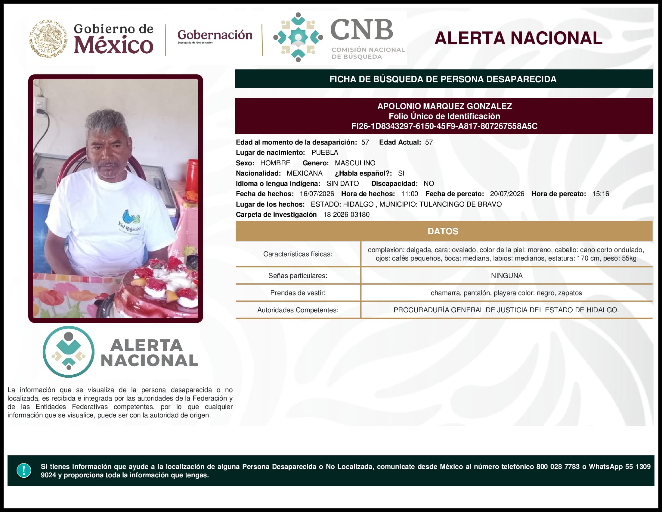 Persona desaparecida Apolonio Marquez Gonzalez