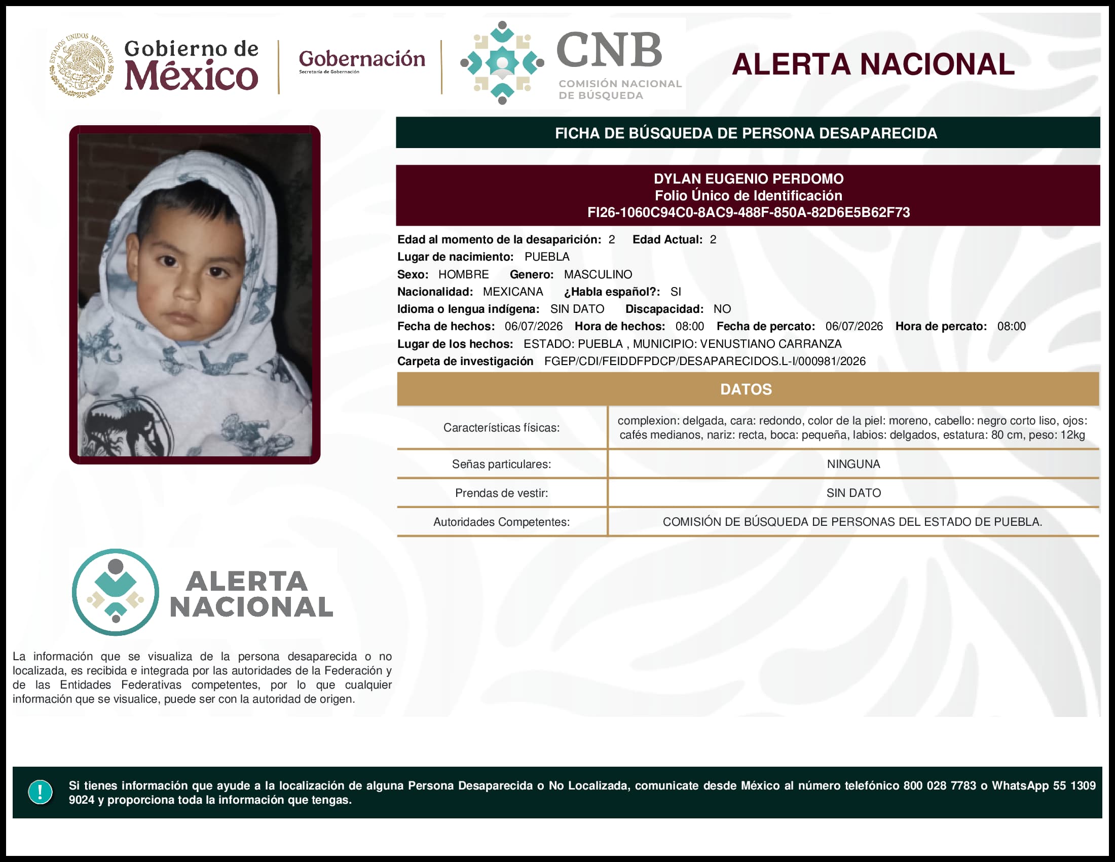 Persona desaparecida Dylan Eugenio Perdomo