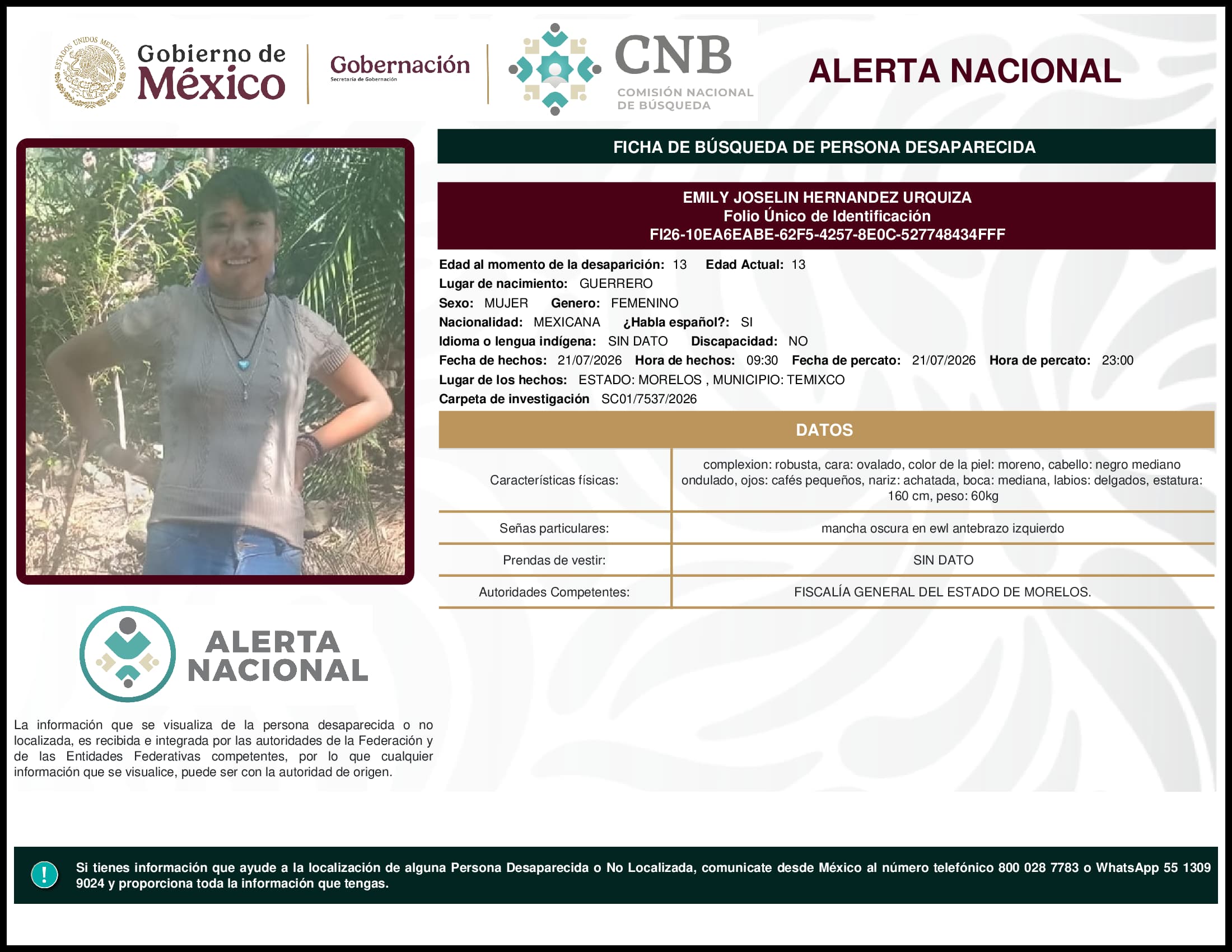 Persona desaparecida Emily Joselin Hernandez Urquiza