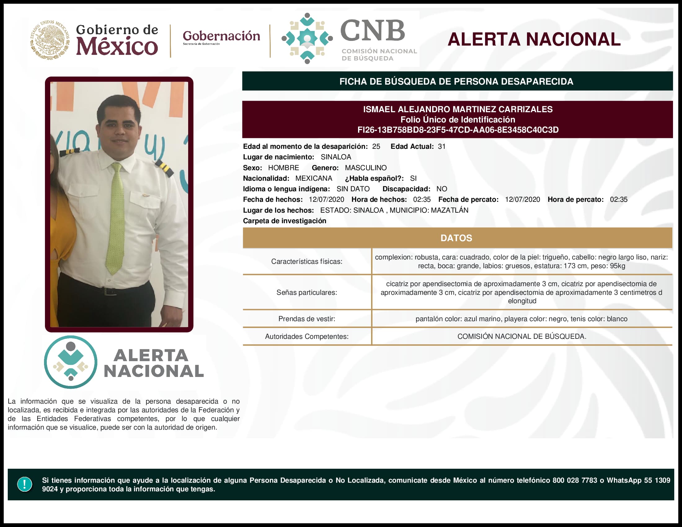 Persona desaparecida Ismael Alejandro Martinez Carrizales