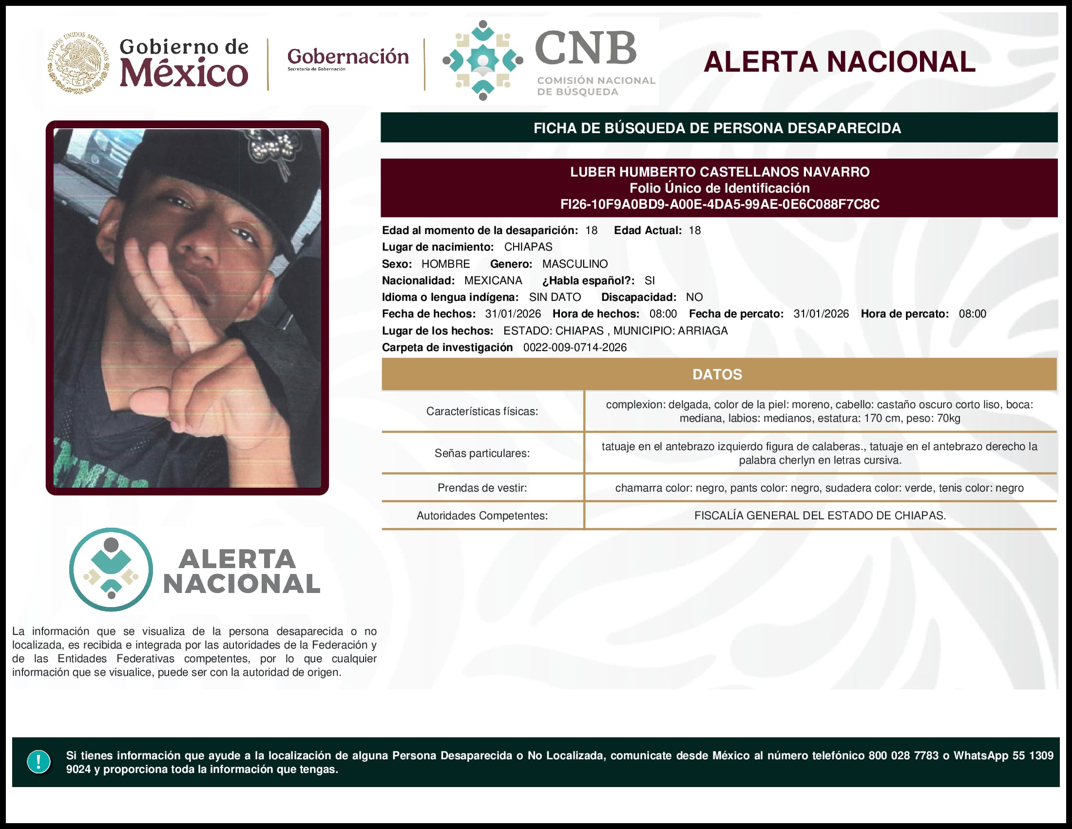 Persona desaparecida Luber Humberto Castellanos Navarro