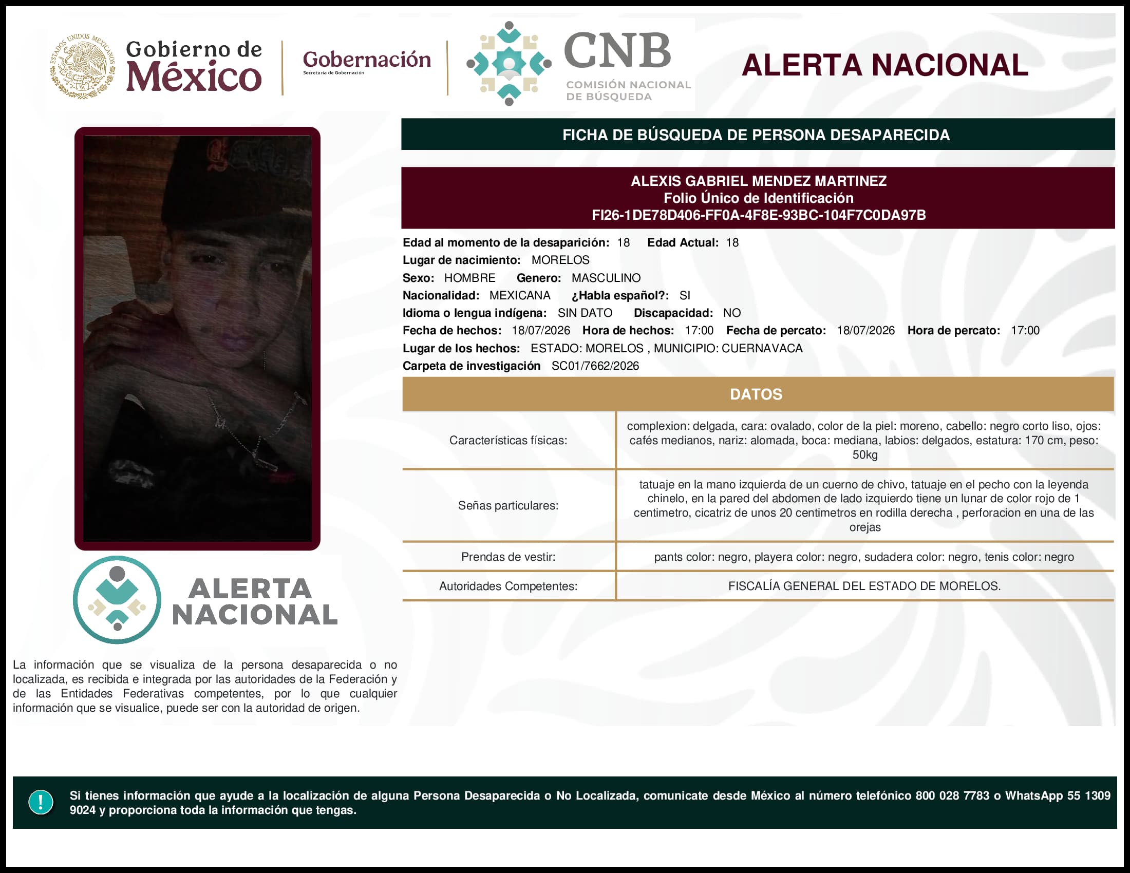 Persona desaparecida Alexis Gabriel Mendez Martinez