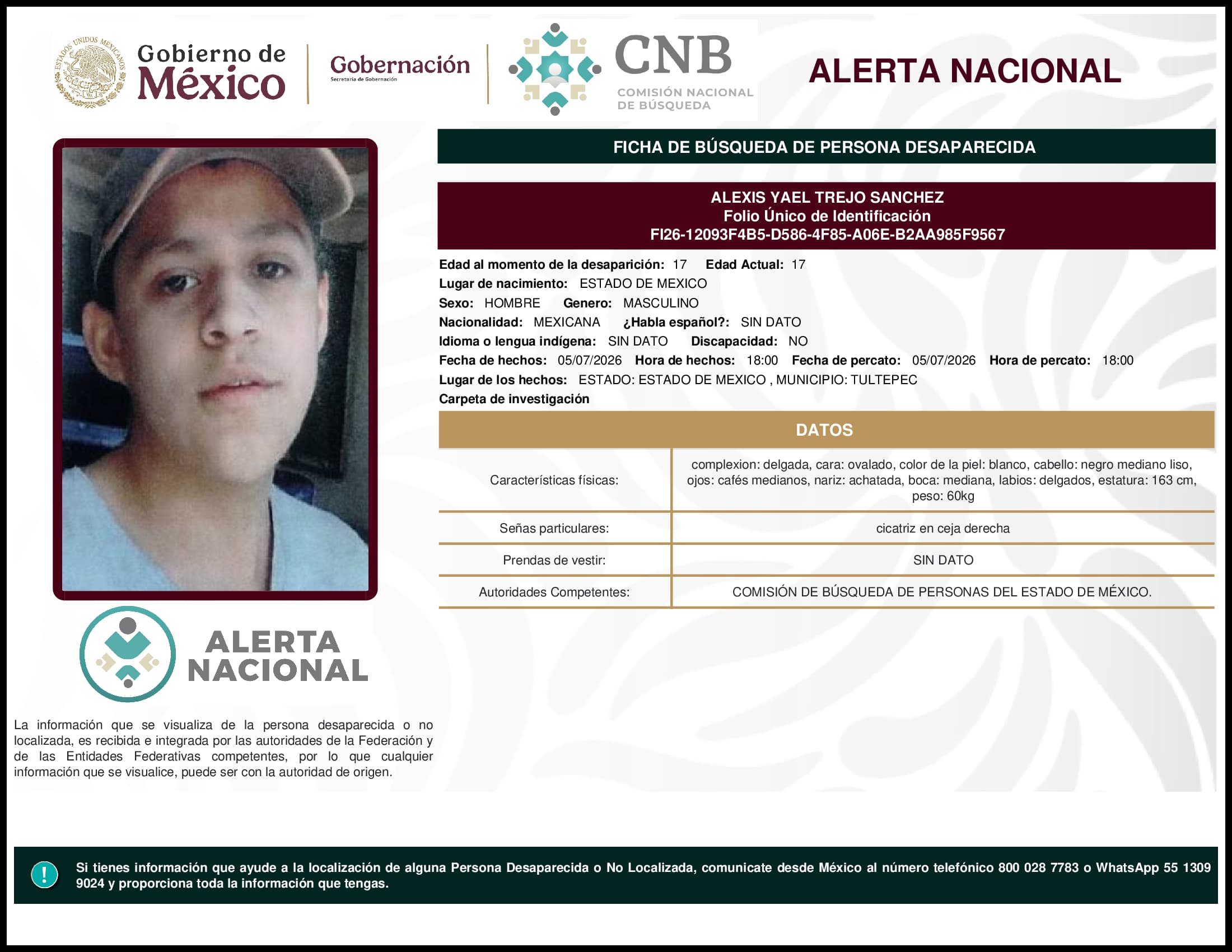 Persona desaparecida Alexis Yael Trejo Sanchez