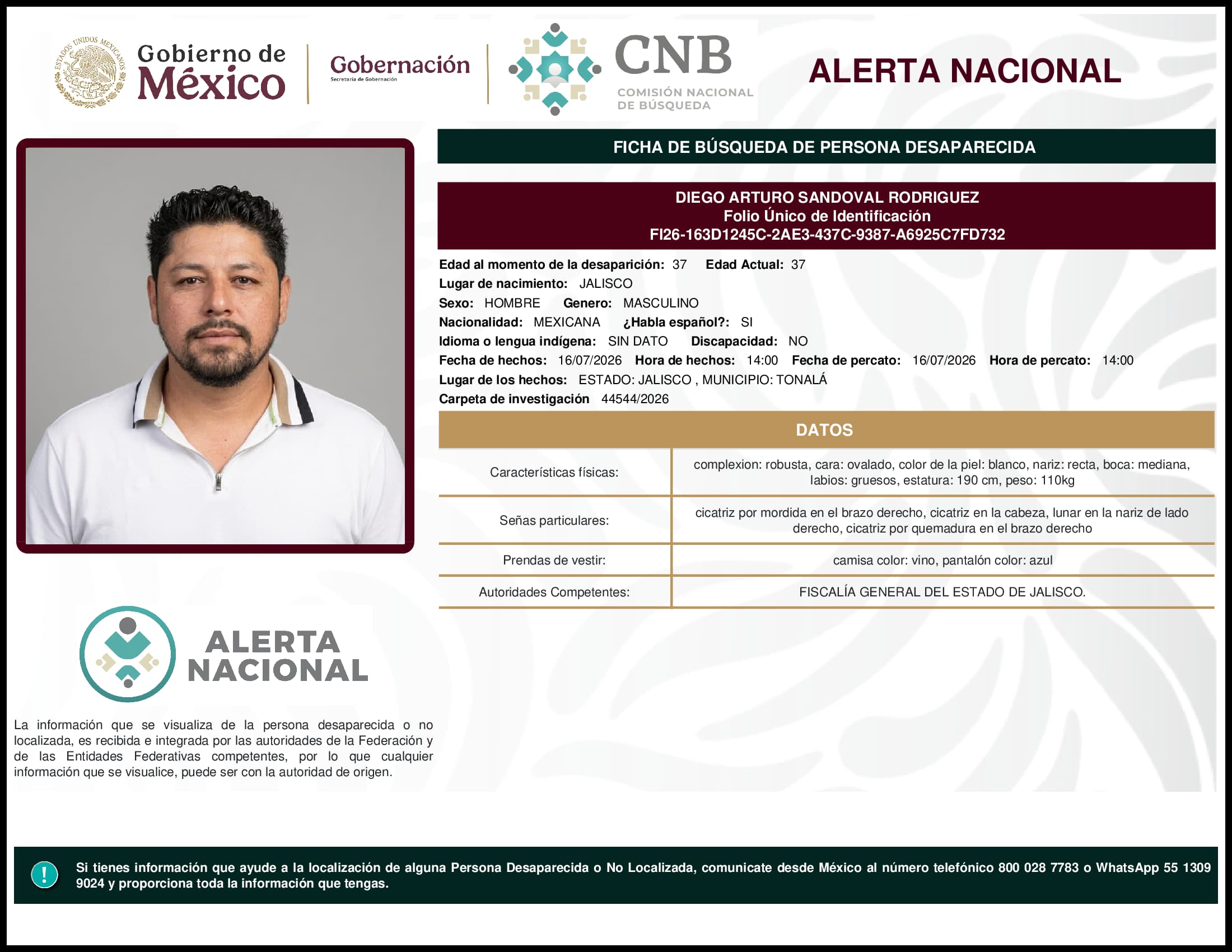 Persona desaparecida Diego Arturo Sandoval Rodriguez