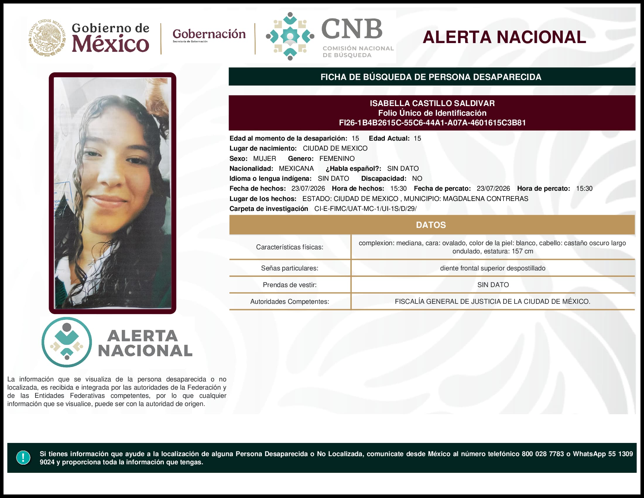 Persona desaparecida Isabella Castillo Saldivar