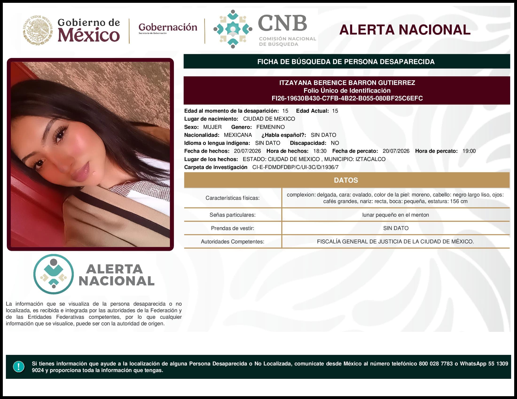 Persona desaparecida Itzayana Berenice Barron Gutierrez
