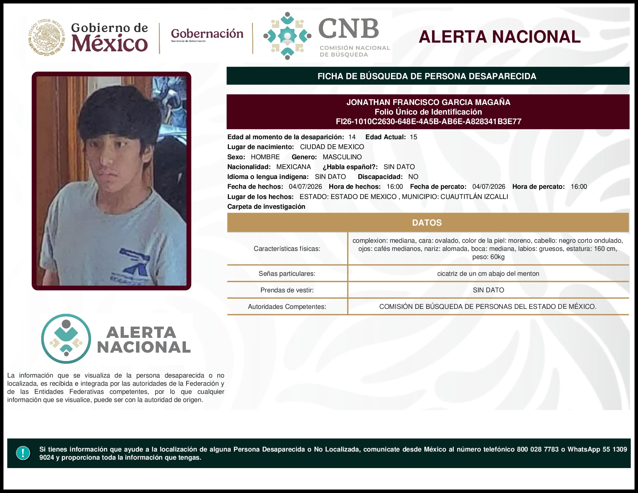 Persona desaparecida Jonathan Francisco Garcia Magana