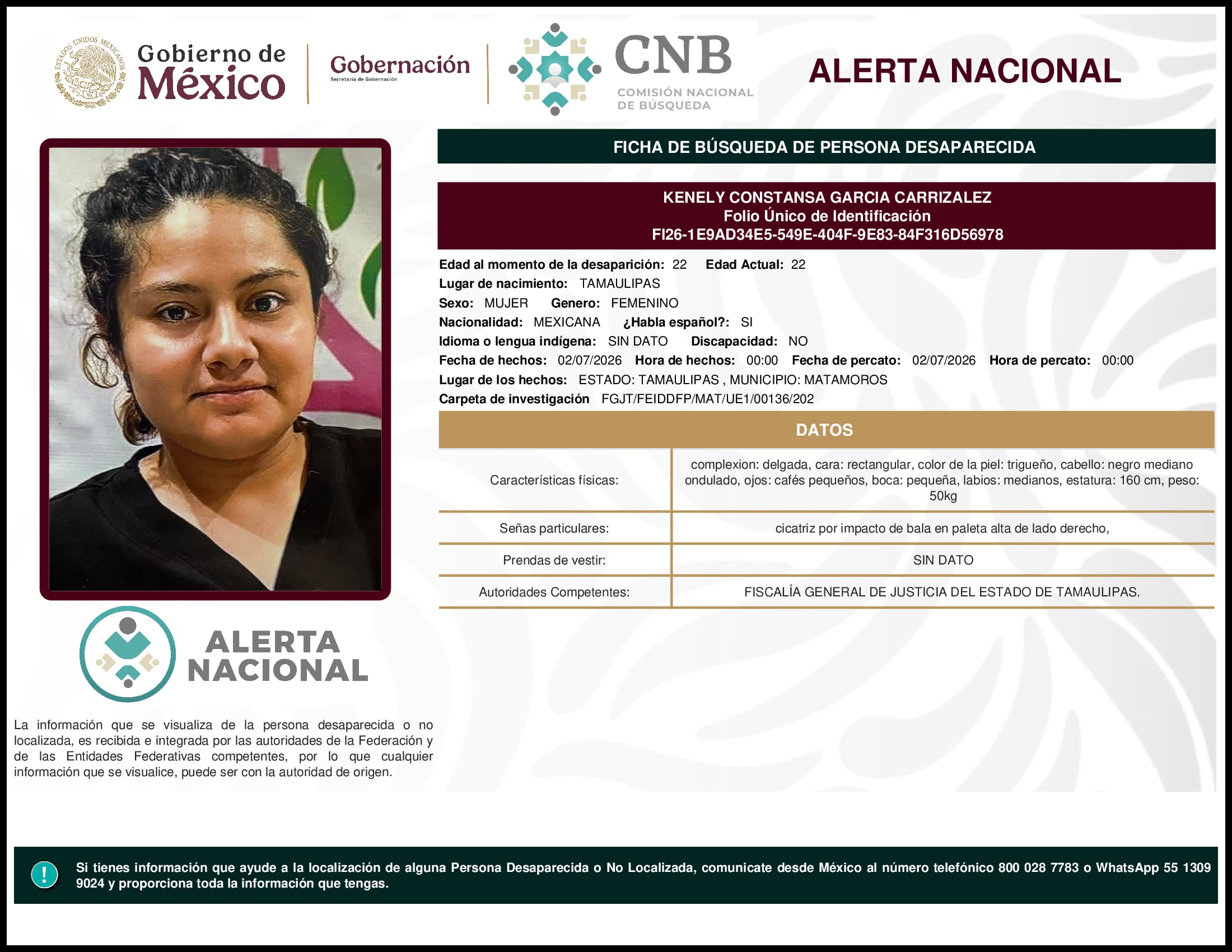 Persona desaparecida Kenely Constansa Garcia Carrizalez