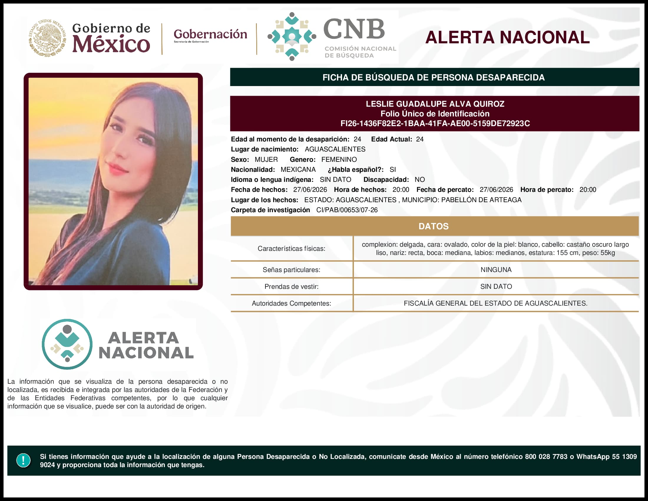Persona desaparecida Leslie Guadalupe Alva Quiroz