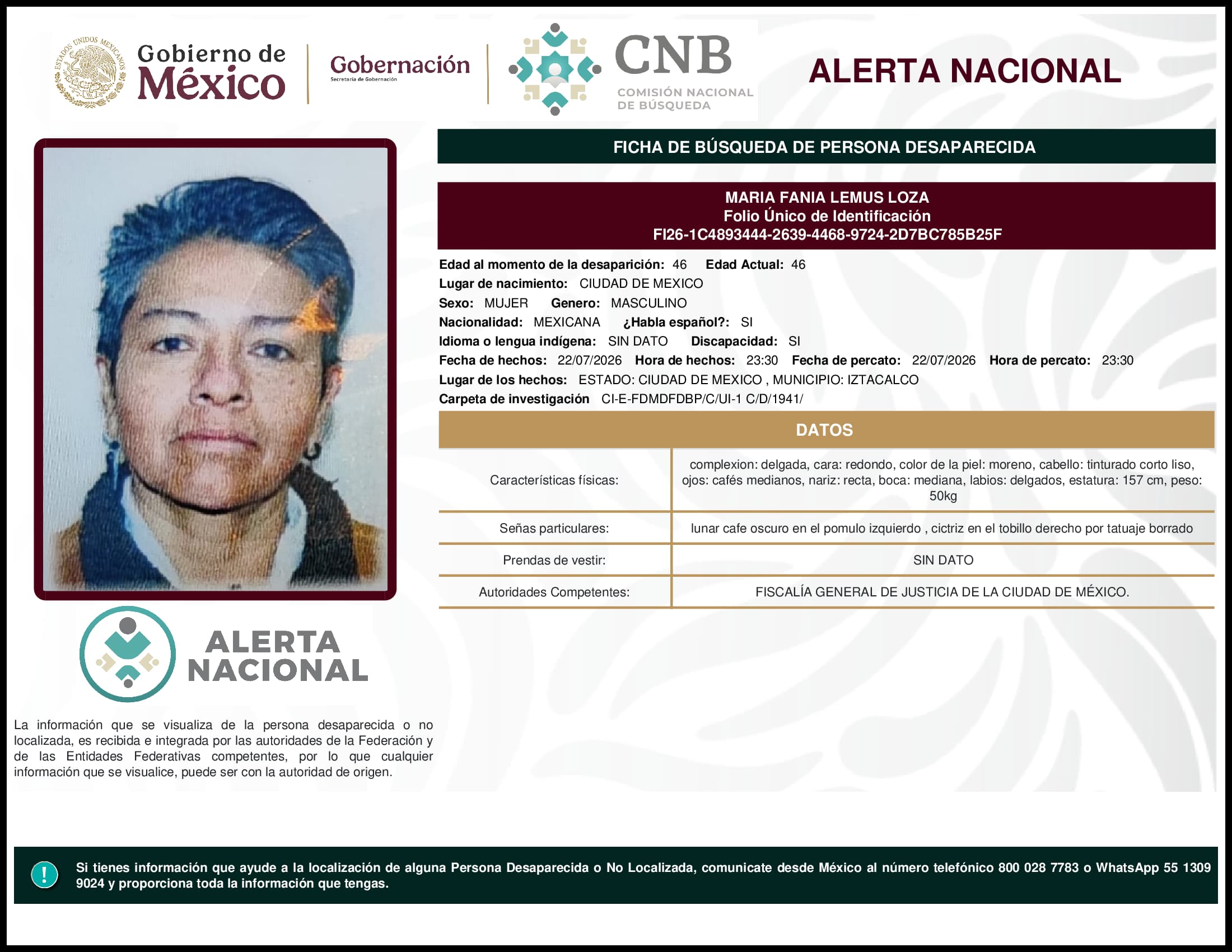 Persona desaparecida Maria Fania Lemus Loza