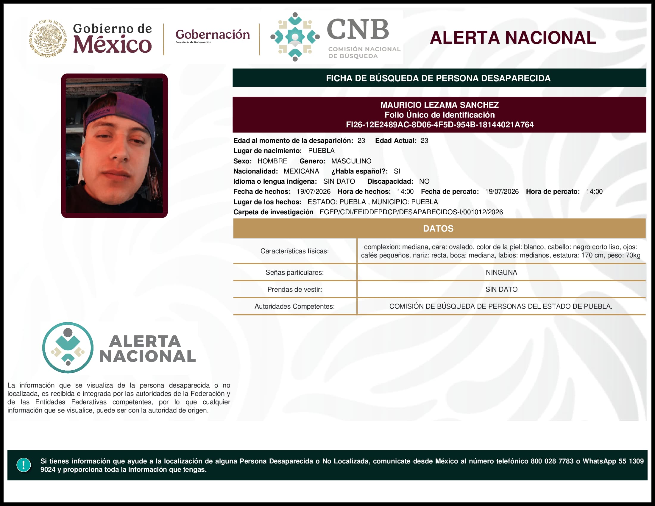 Persona desaparecida Mauricio Lezama Sanchez